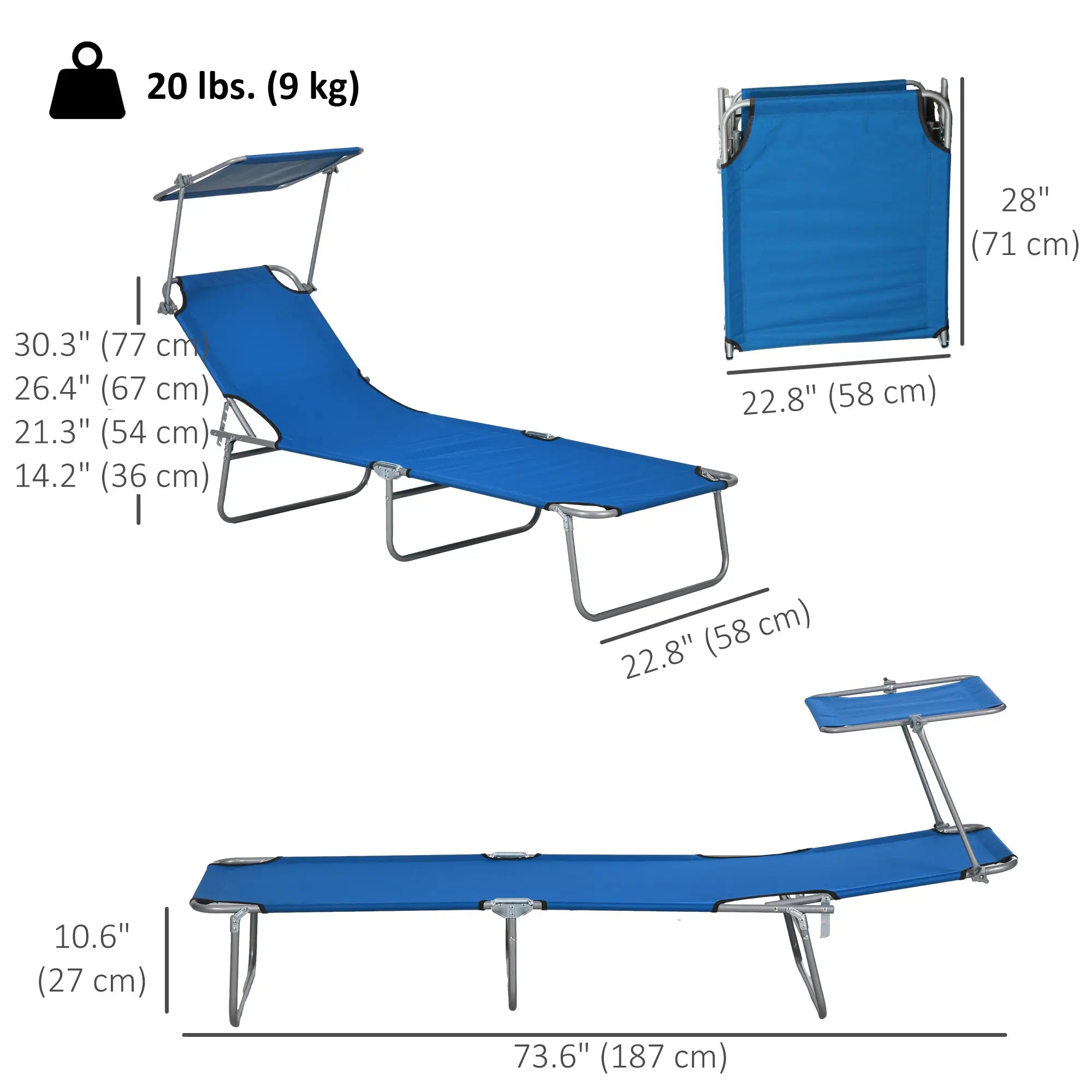 Outdoor Lounge Chair, Adjustable Folding Chaise With Sun Shade, Blue Lounger Chairs at Gallery Canada
