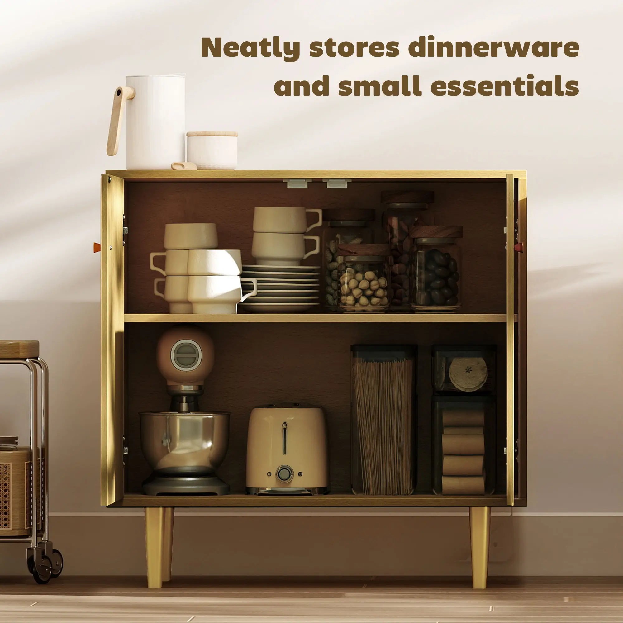 Oak Sideboard With Adjustable Shelf, 2 Doors, Gold Steel Legs, Gold Storage Cabinets at Gallery Canada