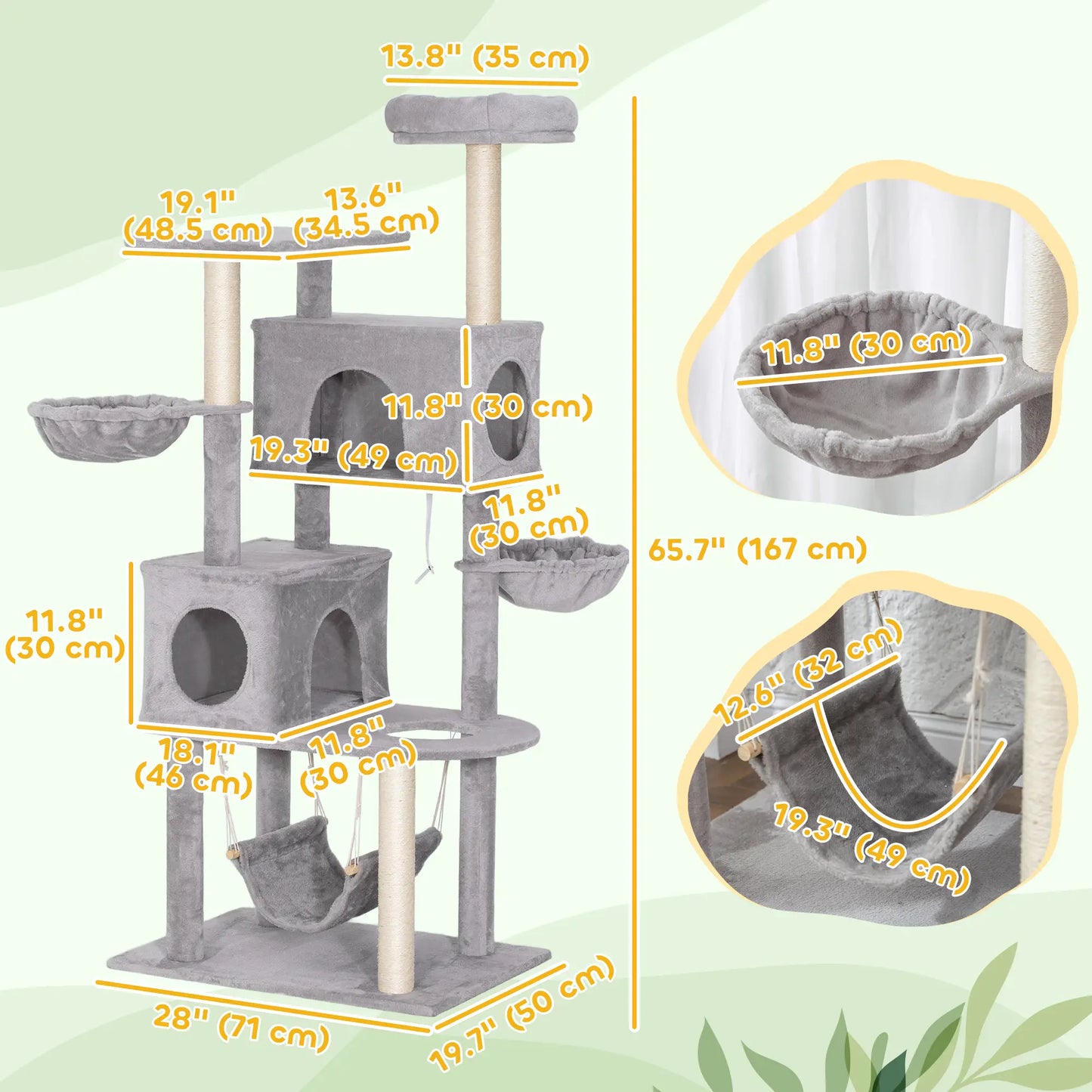 66 Inch Cat Tree with 2 Door Condos, 3 Hammocks, Perch, Scratching Posts, Light Grey Cat Trees at Gallery Canada