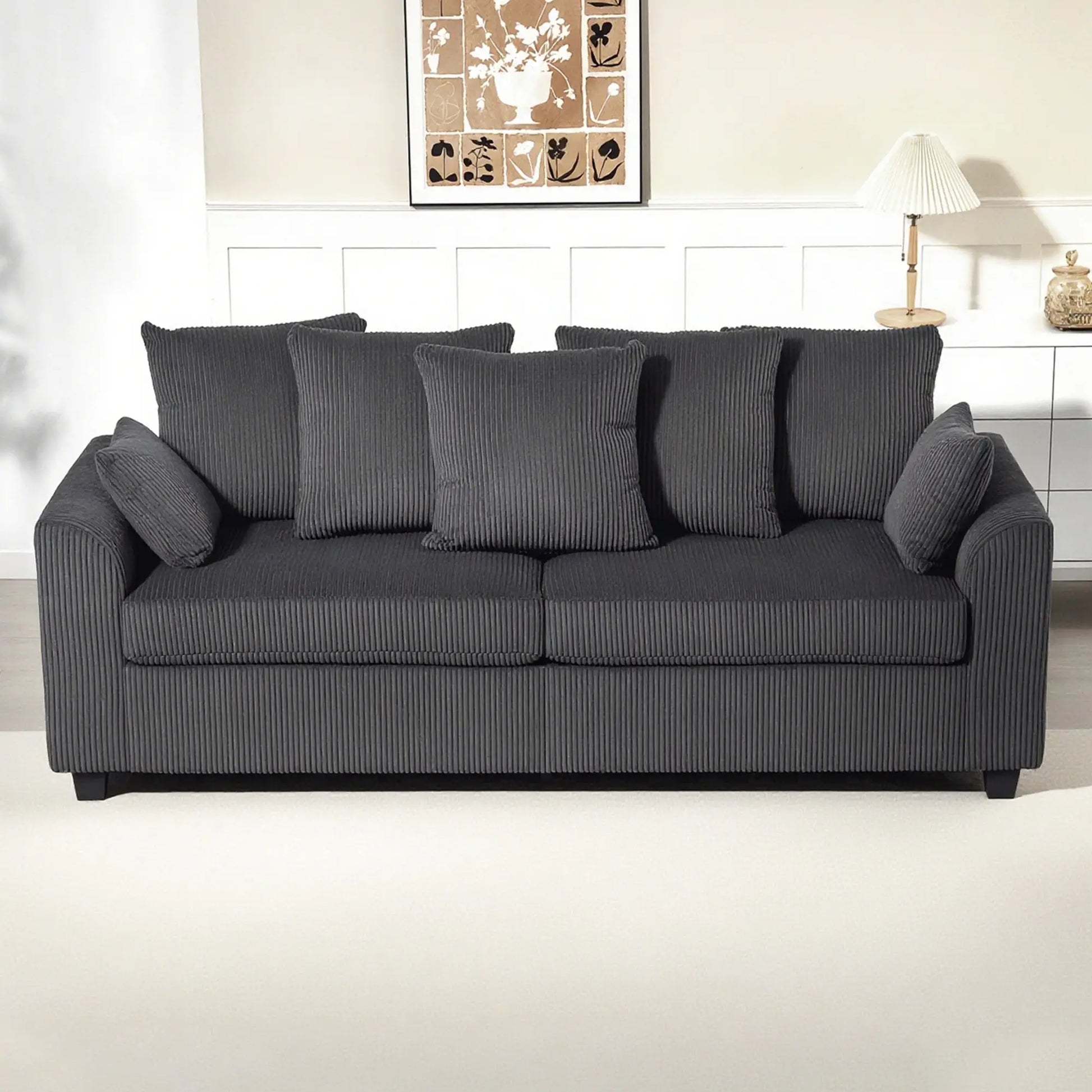 Corduroy Couch, 3 Seater Sofa, Modern Upholstered with Curved Armrests, 8 Removable Pillows, Dark Grey 3-Seater Sofas at Gallery Canada