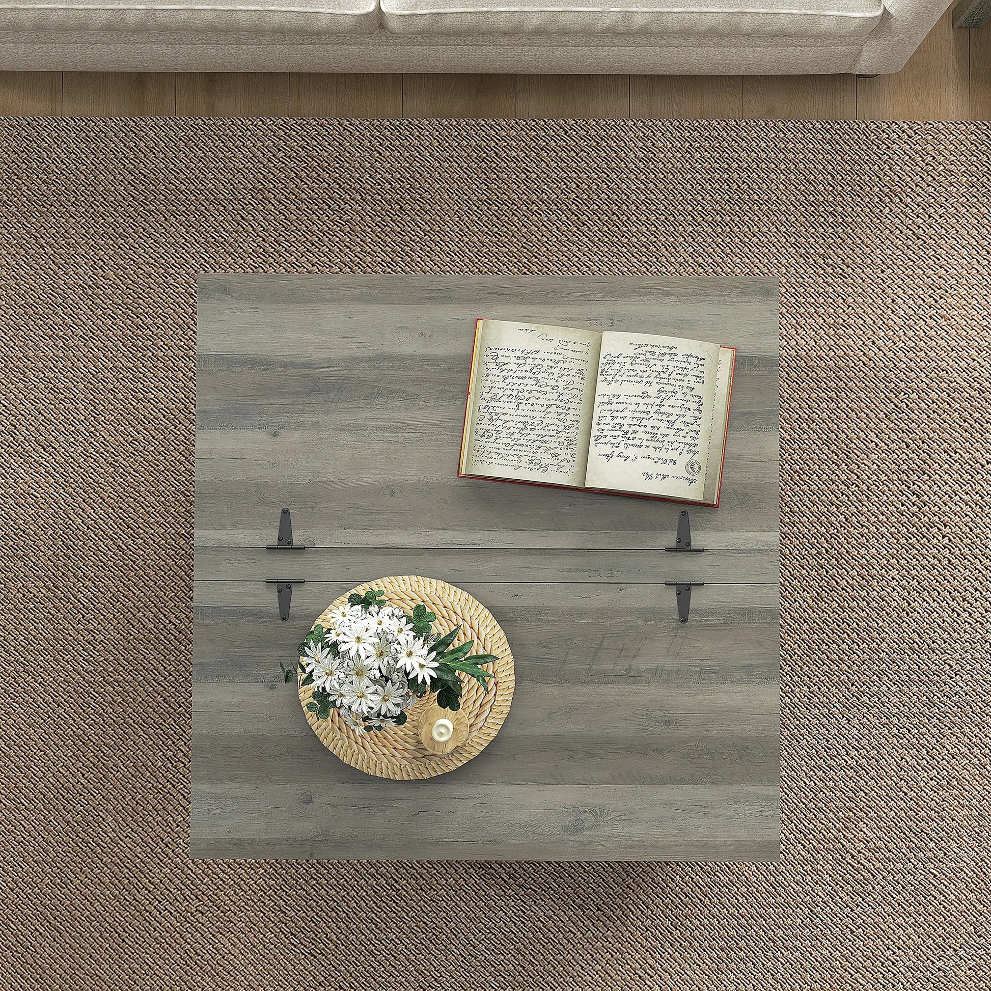 Farmhouse Coffee Table, Square Flip-Top Lid, Hidden Storage, Distressed, Grey Coffee Tables at Gallery Canada