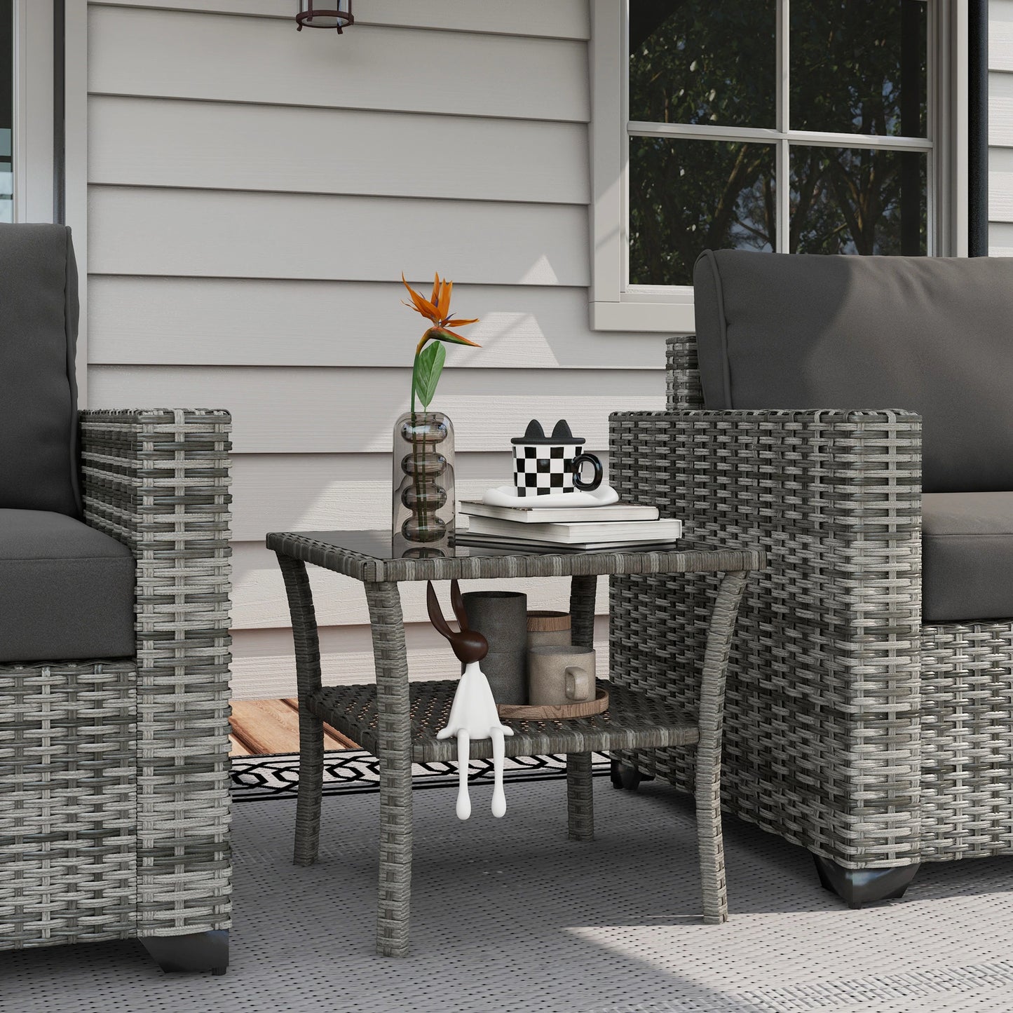 20" Patio Wicker Coffee Table, Outdoor PE Rattan Two-tier Side Table, Mixed Grey, Grey Patio Side Tables at Gallery Canada