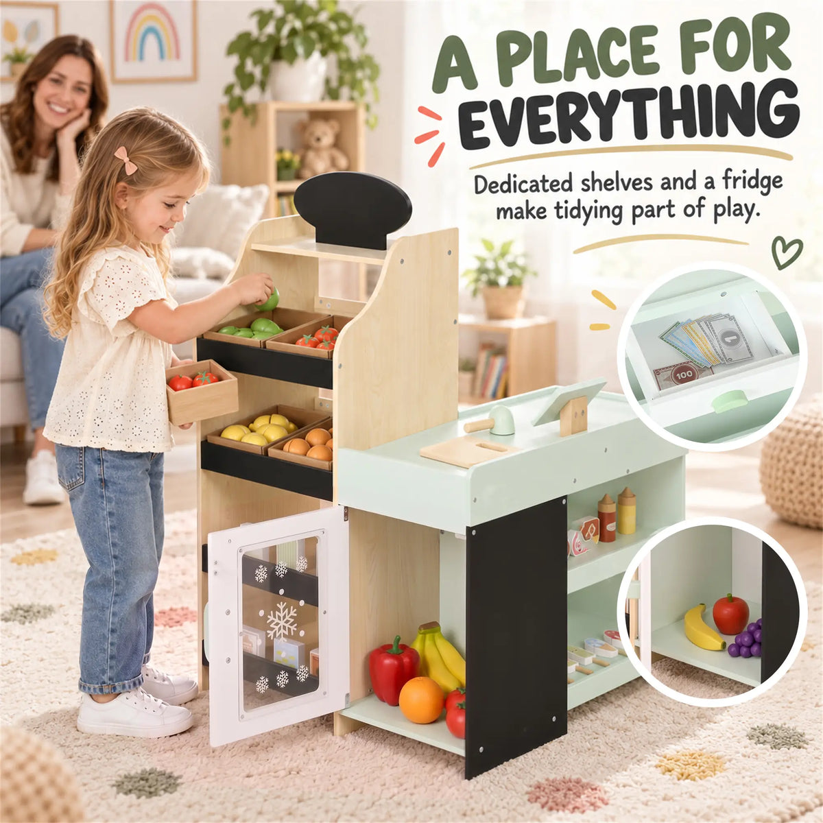 Ensemble de jeu d'épicerie en bois pour enfants, nourriture jouet, caisse enregistreuse, 44 accessoires