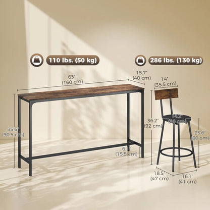 Bar Table Set, 4 PU Cushioned Barstools, Rustic Brown