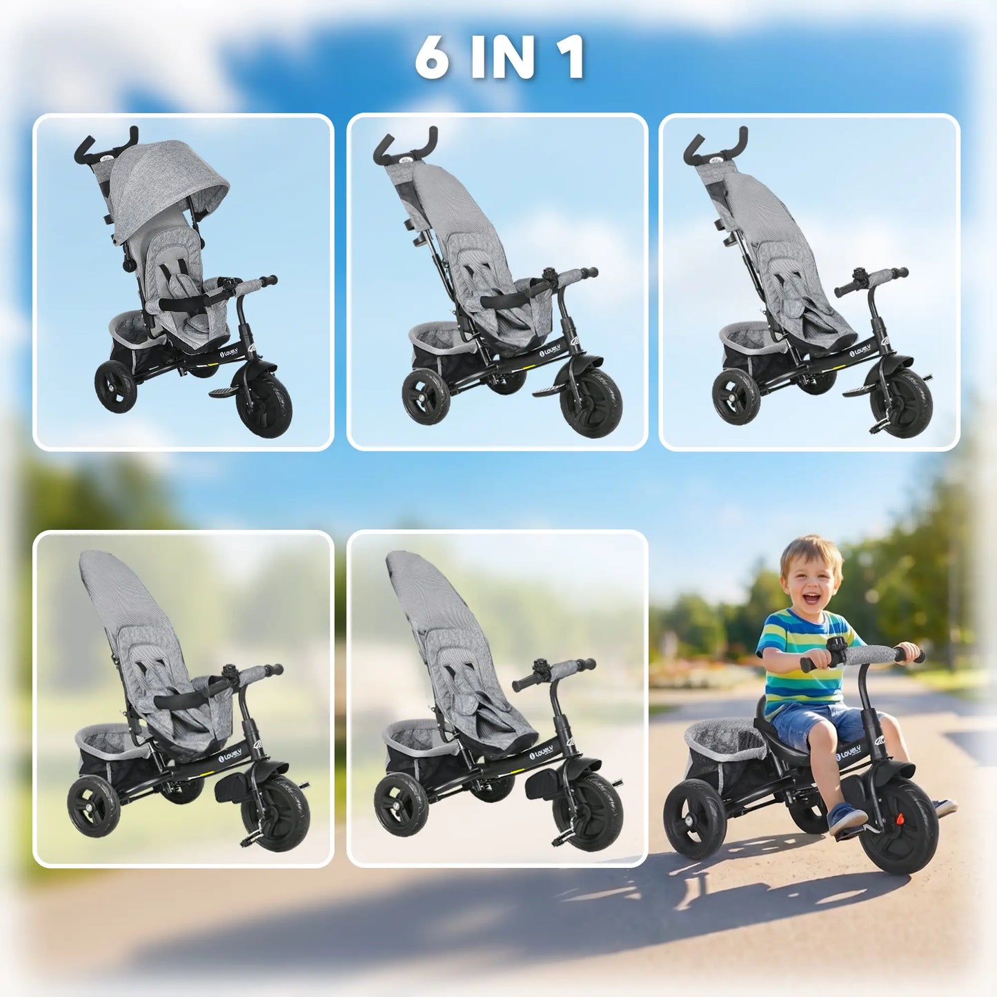 6 in 1 Tricycle for Toddlers, Parent-Push Handle, Grey Tricycles for Kids at Gallery Canada