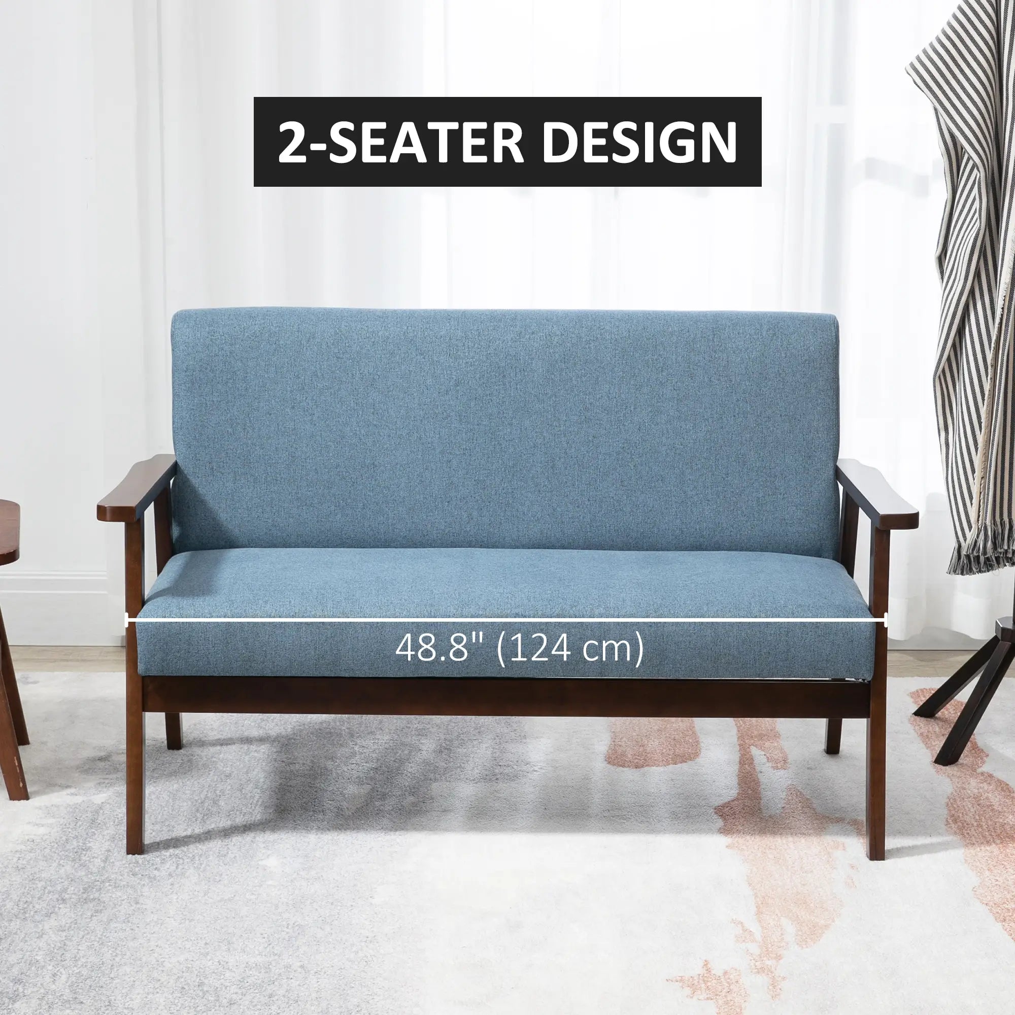 Compact Loveseat Sofa, Linen Fabric, Double Seat, Rubber Wood Legs, Blue 2-Seater Sofas at Gallery Canada