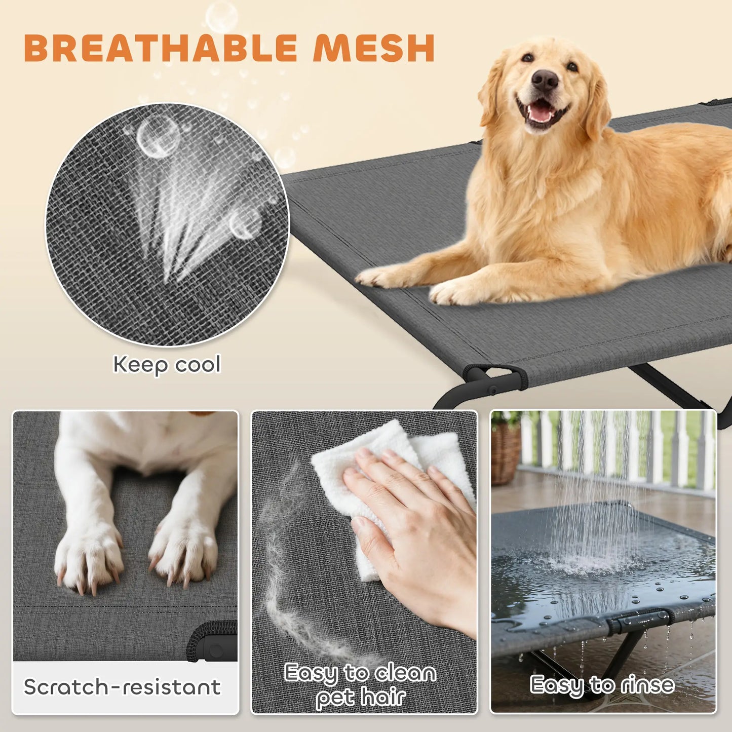 Lit surélevé pour chien, Couchage extérieur pour chien, Grands chiens, Maille respirante, Gris