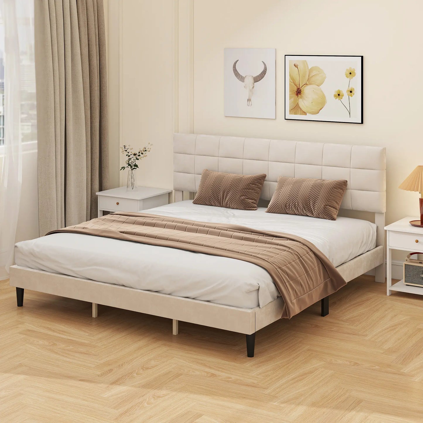 King Size Bed Frame, Upholstered Headboard, Wood Slats, 1100 lbs, Cream Bed Frames at Gallery Canada