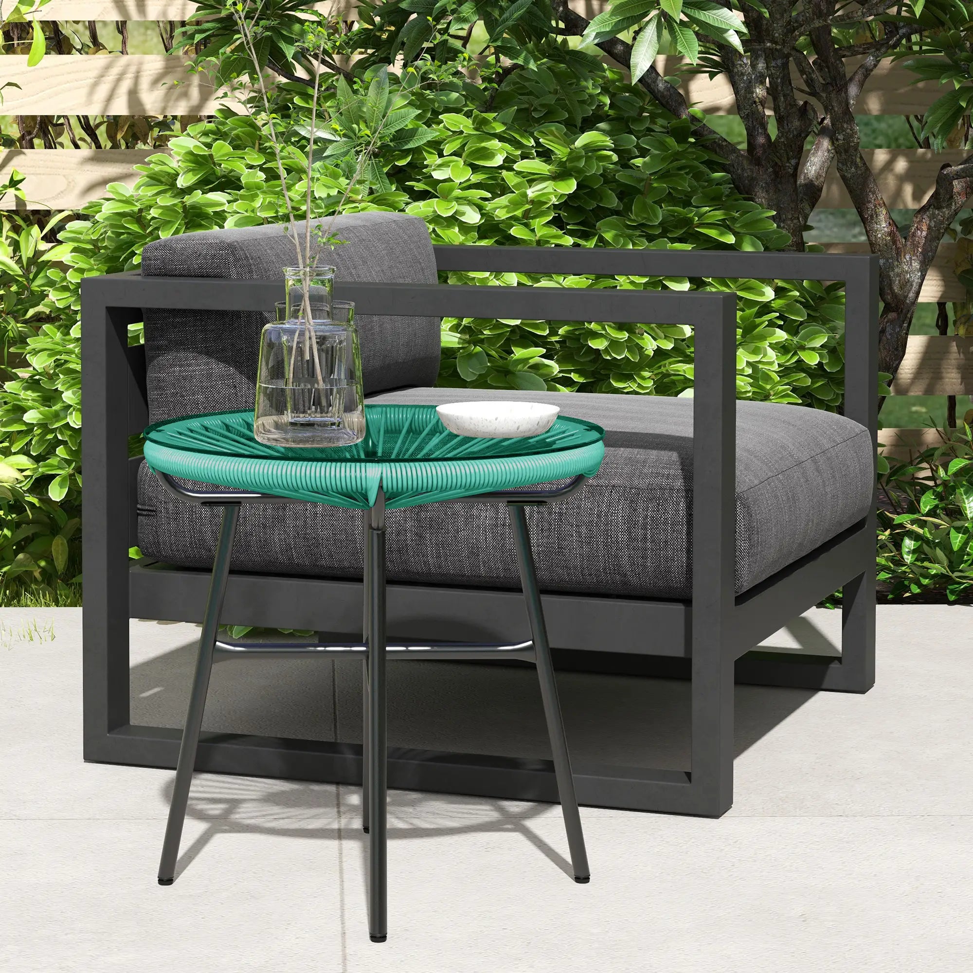 Round Outdoor Rattan Side Table, Tempered Glass Top, Light Green Patio Side Tables at Gallery Canada
