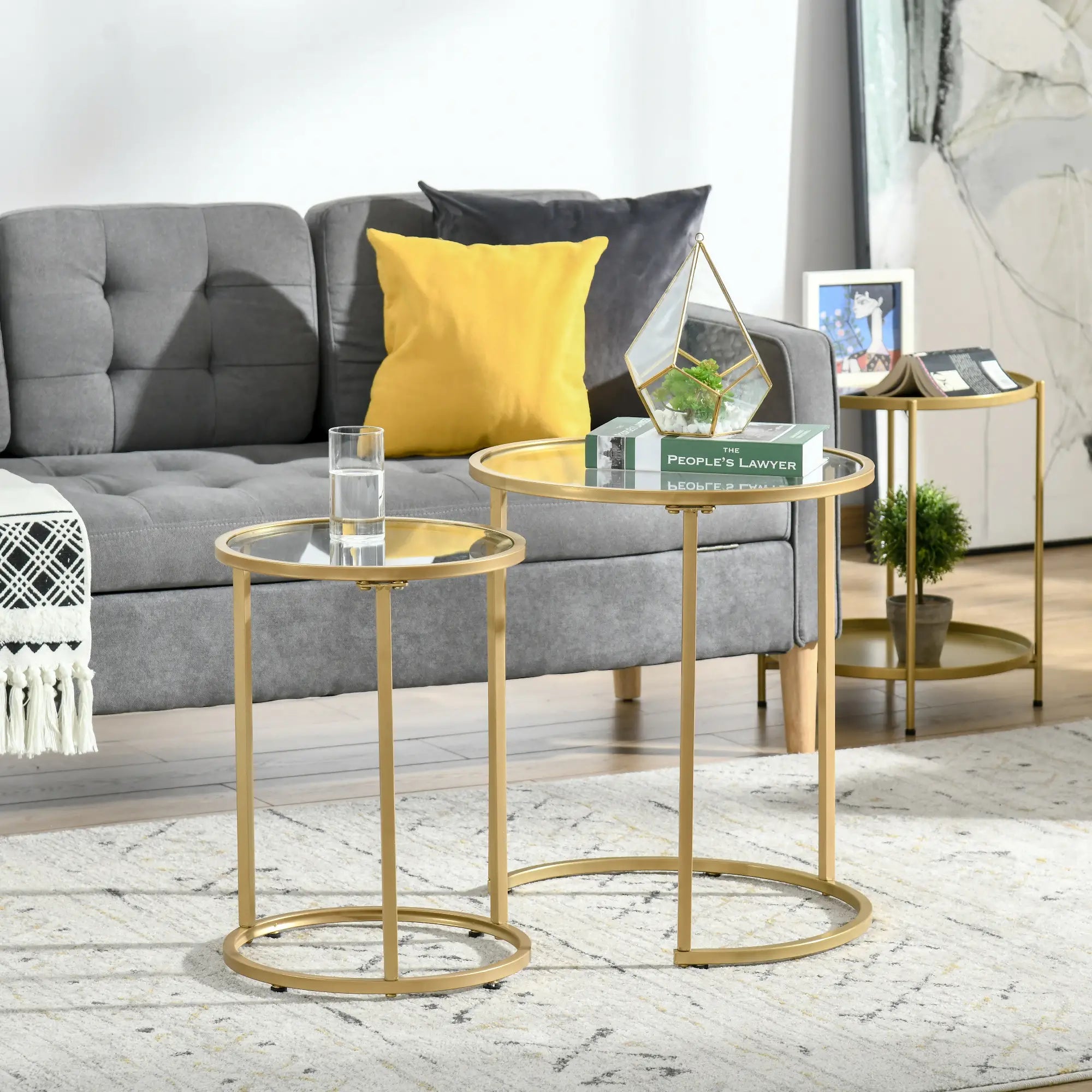 Set of 2 Nesting Coffee Tables, Round Side Table with Tempered Glass, Gold Side Tables at Gallery Canada