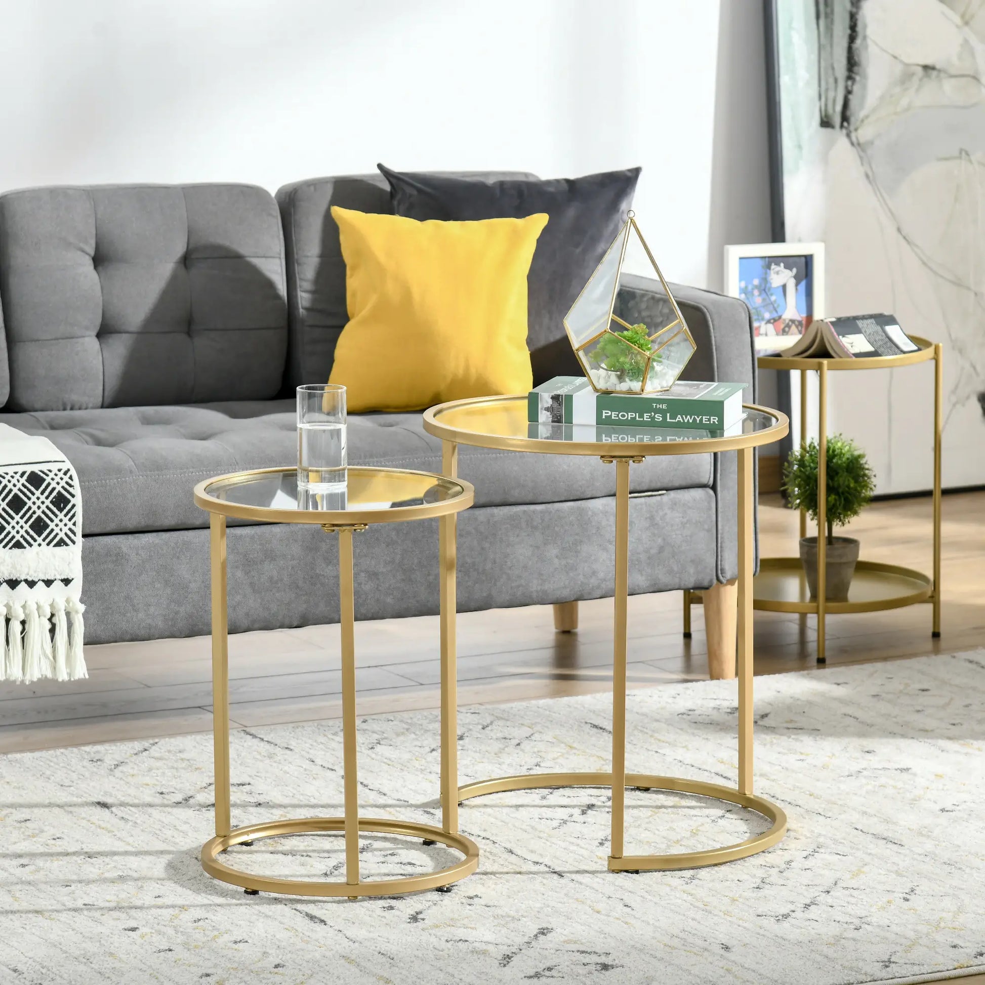 Set of 2 Nesting Coffee Tables, Round Side Table with Tempered Glass, Gold Side Tables at Gallery Canada