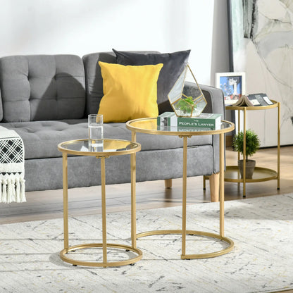 Set of 2 Nesting Coffee Tables, Round Side Table with Tempered Glass, Gold Side Tables at Gallery Canada
