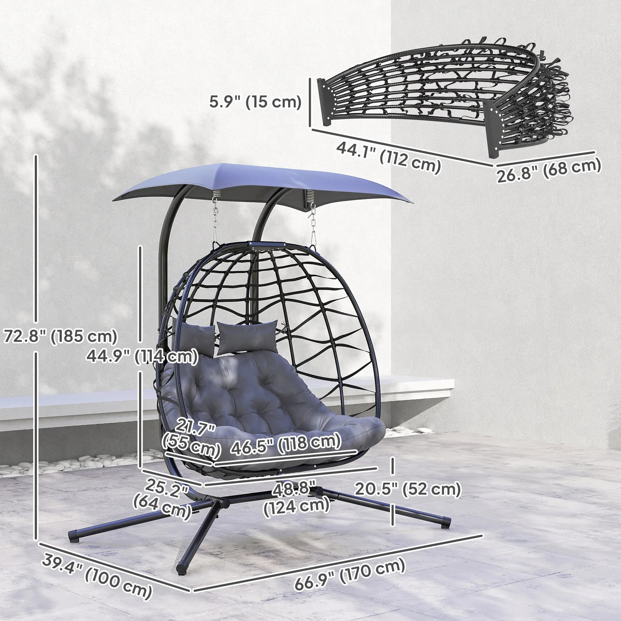 Double Wicker Egg Swing Chair, Foldable with Stand, Black Patio Swings with Stand at Gallery Canada