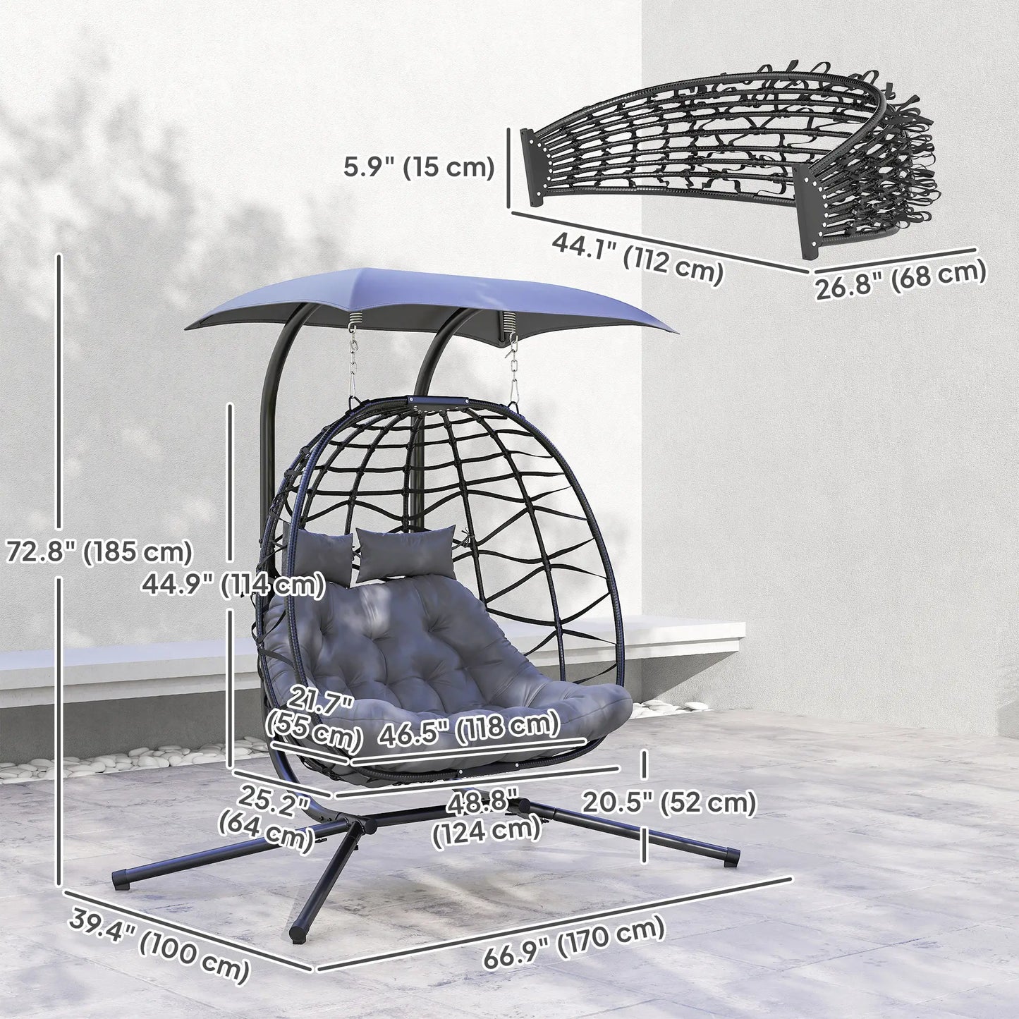 Double Wicker Egg Swing Chair, Foldable with Stand, Black Patio Swings with Stand at Gallery Canada