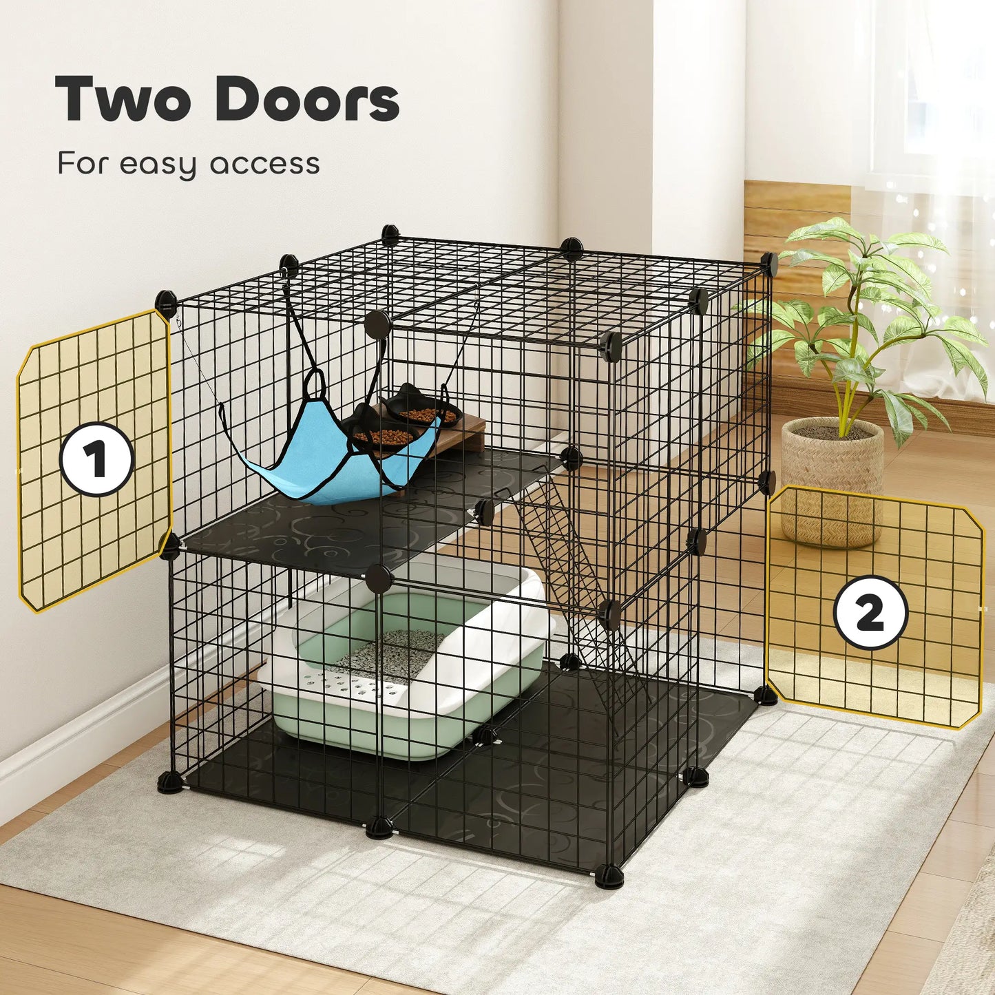 2 Tier Cat Cage, DIY Pet Playpen With 2 Doors, Ladder, Hammock, Perch, Black Outdoor Cat Enclosures at Gallery Canada