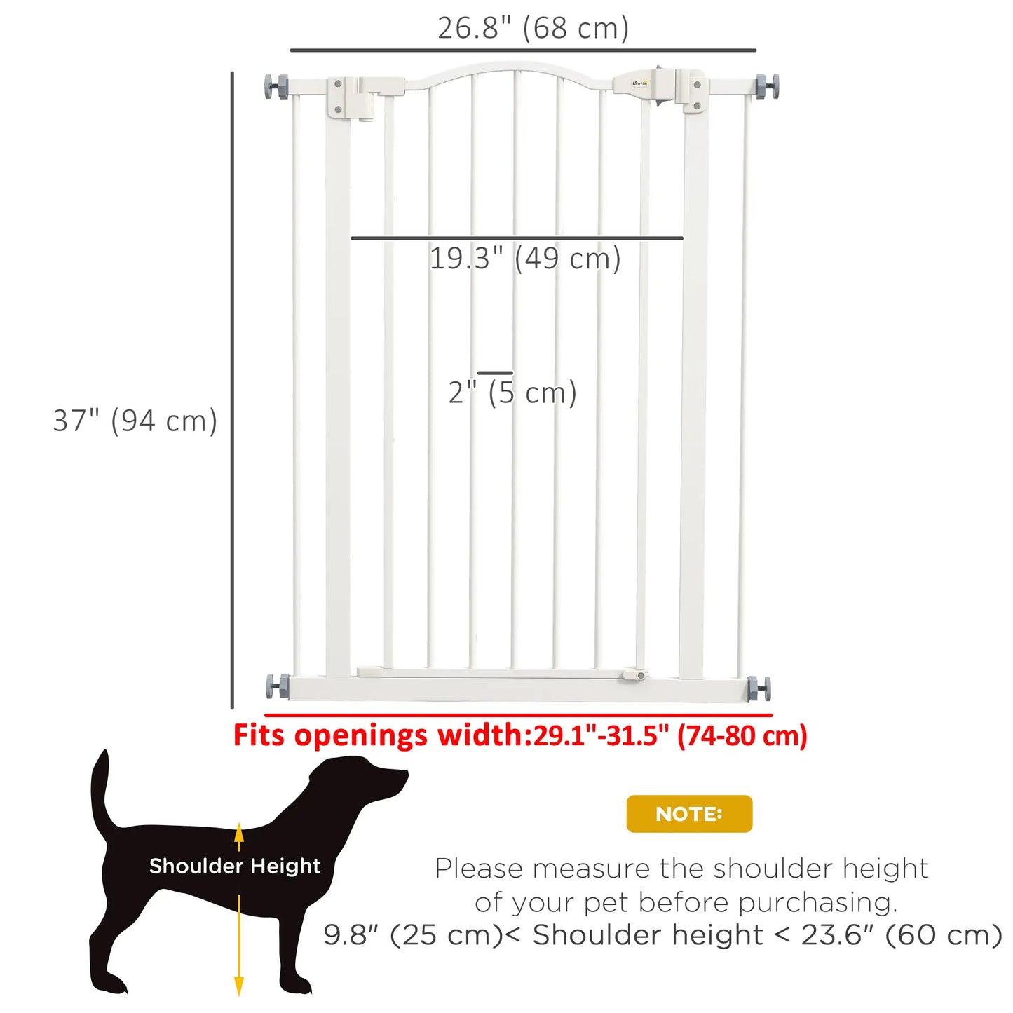 Extra Tall Dog Gate With Door, Pressure Fit, Auto Close, 29"-32", White Houses, Kennels & Pens at Gallery Canada