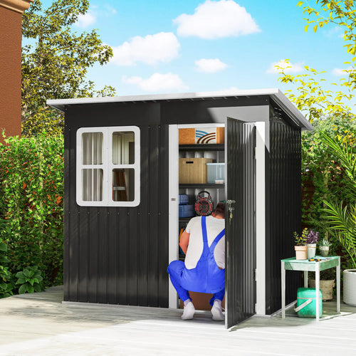 7' x 4' Galvanised Steel Outdoor Storage Shed, Window, Lockable Door, Dark Grey