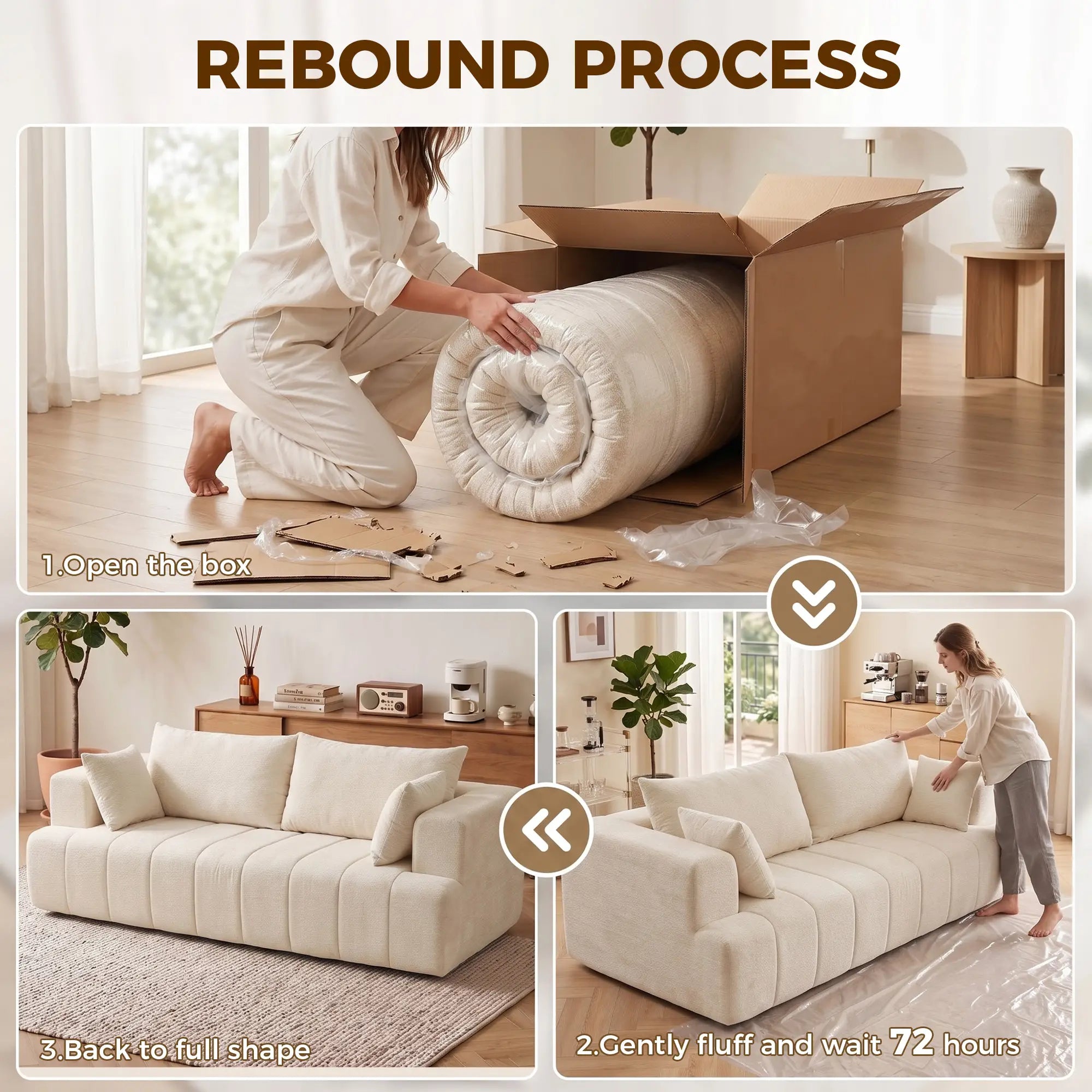 3 Seater Chenille Cloud Couch, Spring Cushion, Beige 3-Seater Sofas at Gallery Canada