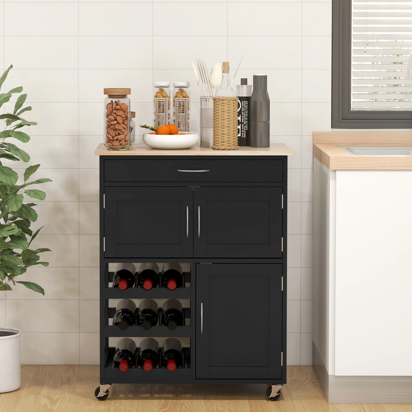 Rolling Kitchen Cart, Island with Storage Drawer, 9-Bottle Wine Rack, Black Kitchen Islands & Kitchen Carts at Gallery Canada