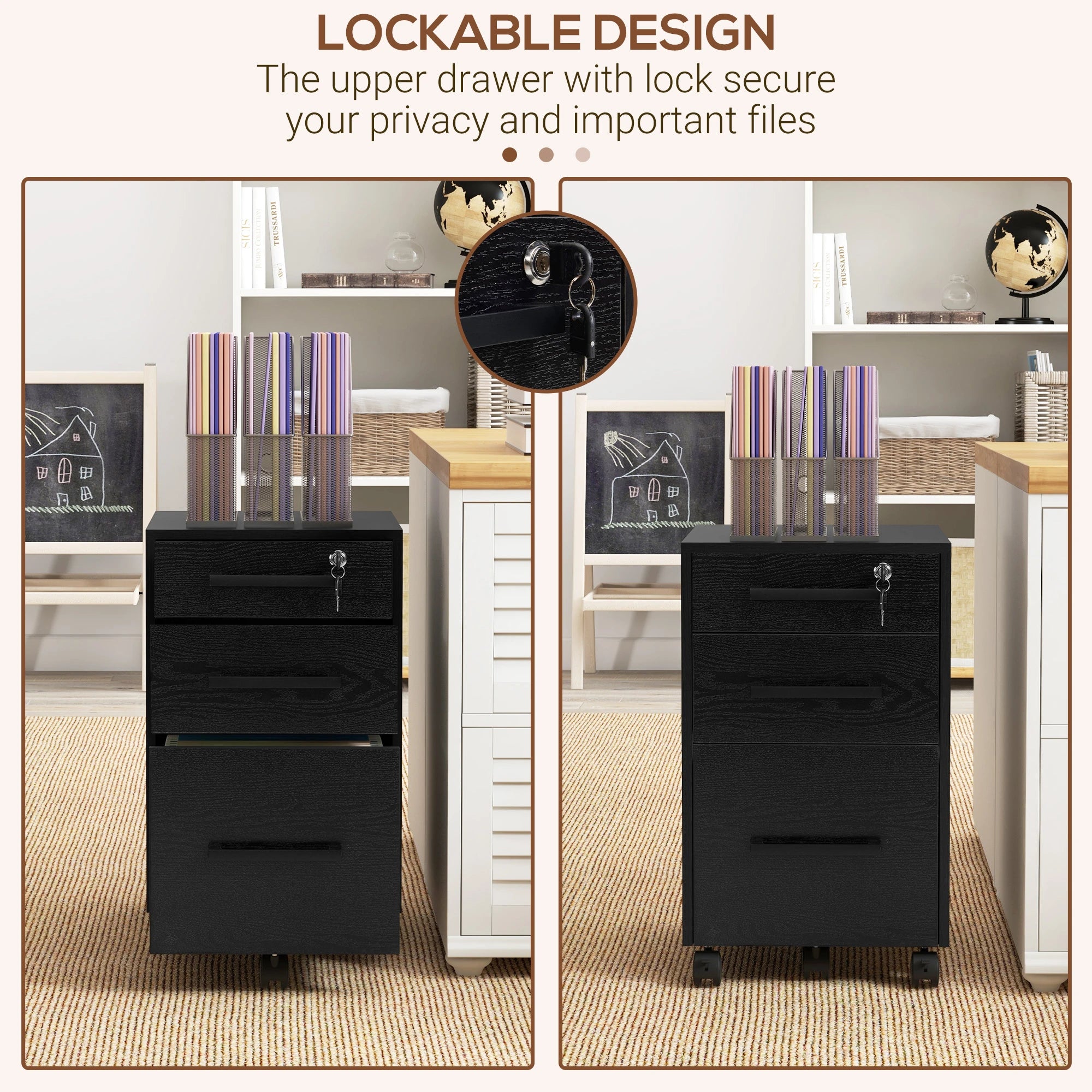 Lockable 3 Drawer Vertical File Cabinet, Hanging Bars, Letter and A4 Size, Black Office Cabinets & Cupboards at Gallery Canada
