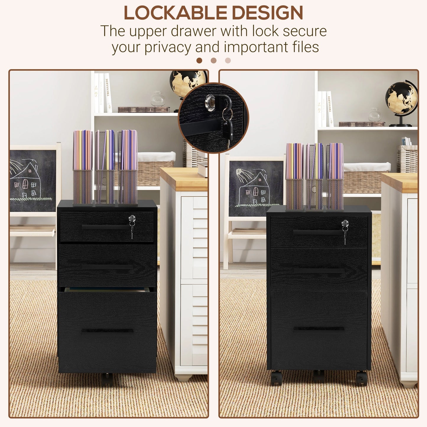 Lockable 3 Drawer Vertical File Cabinet, Hanging Bars, Letter and A4 Size, Black Office Cabinets & Cupboards at Gallery Canada