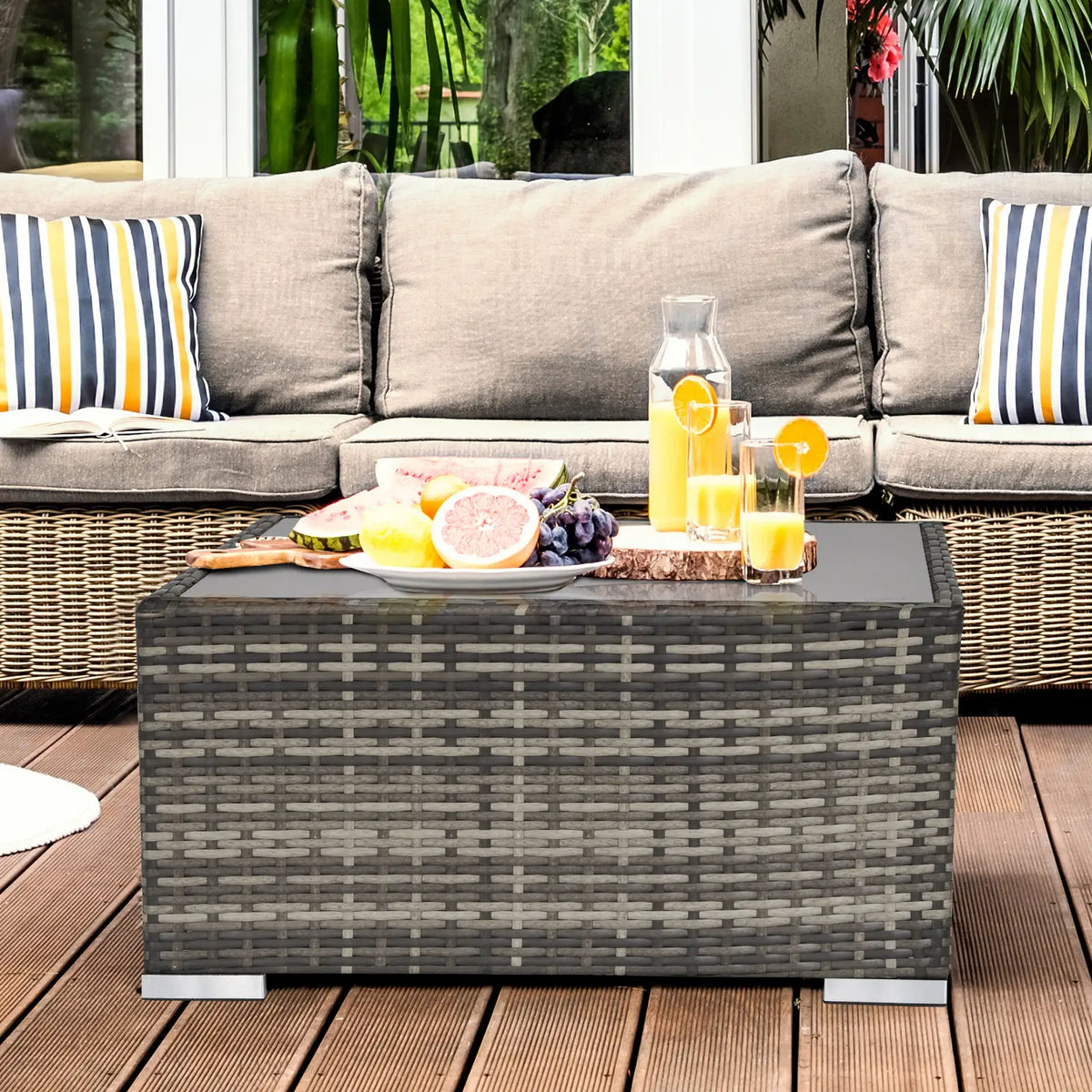 Rattan Coffee Table, 25.6" Square, Tempered Glass Top, Deep Grey Patio Side Tables at Gallery Canada