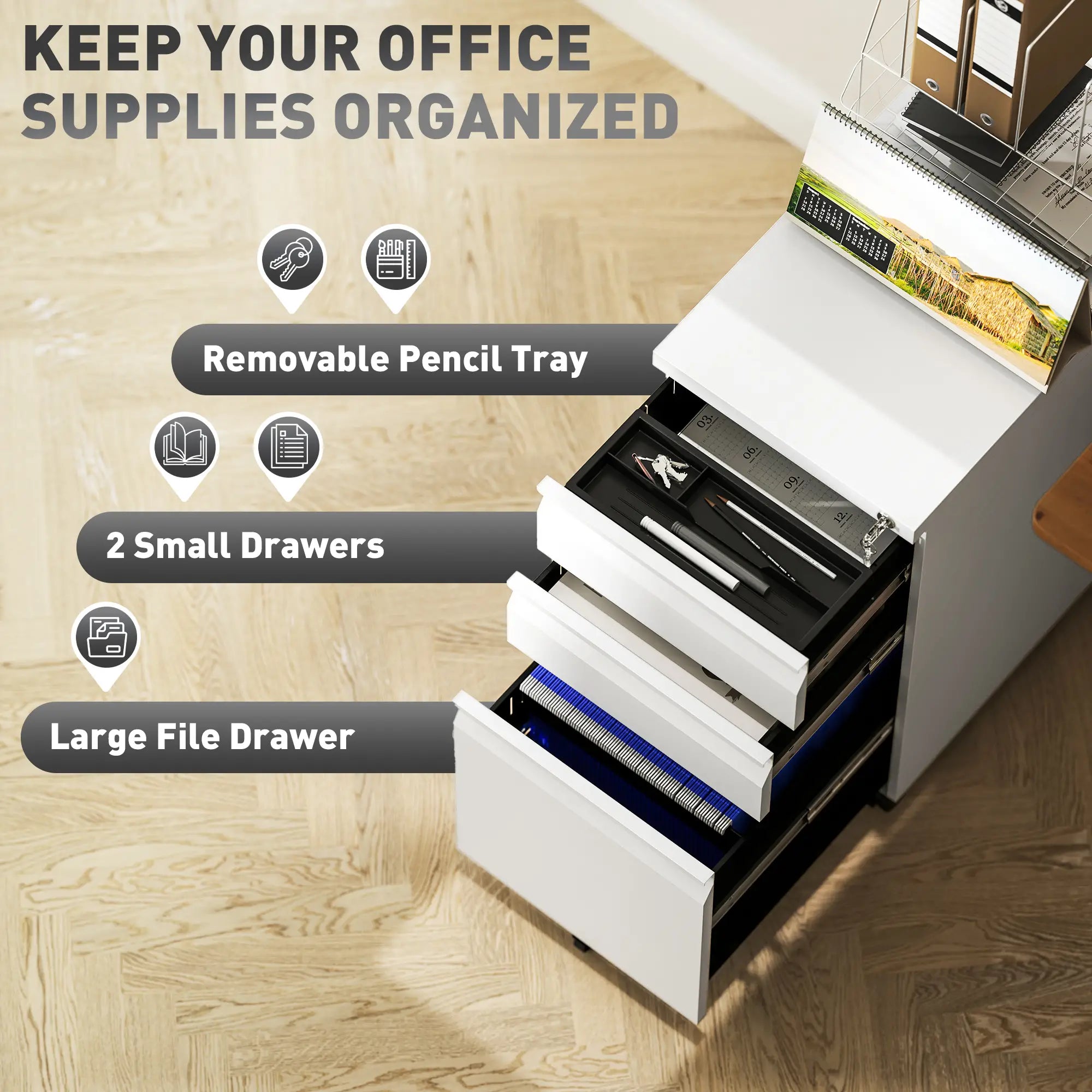 3 Drawer Steel Filing Cabinet with Lock, Hanging Bar, White Office Cabinets & Cupboards at Gallery Canada