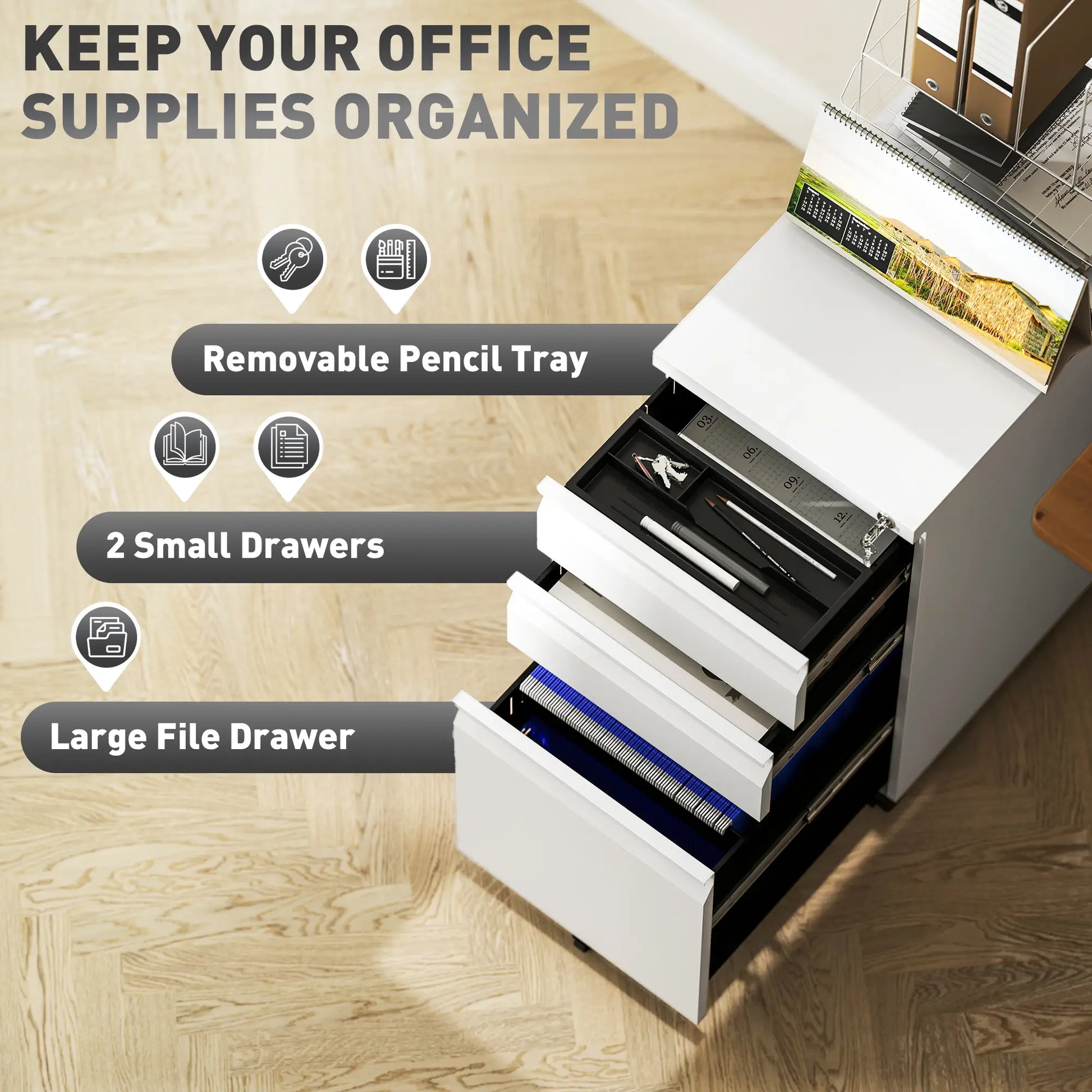 3 Drawer Steel Filing Cabinet with Lock, Hanging Bar, White Office Cabinets & Cupboards at Gallery Canada