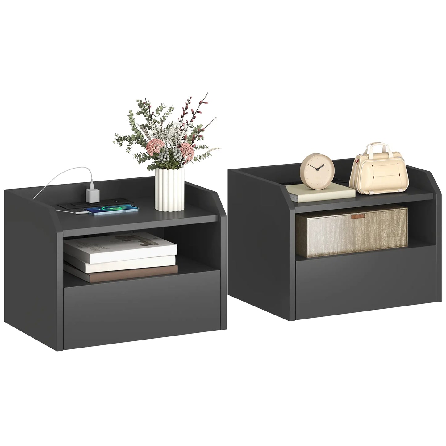 Wall Mounted Bedside Table, Set of 2 with Charging Station, Black Bedside Tables at Gallery Canada