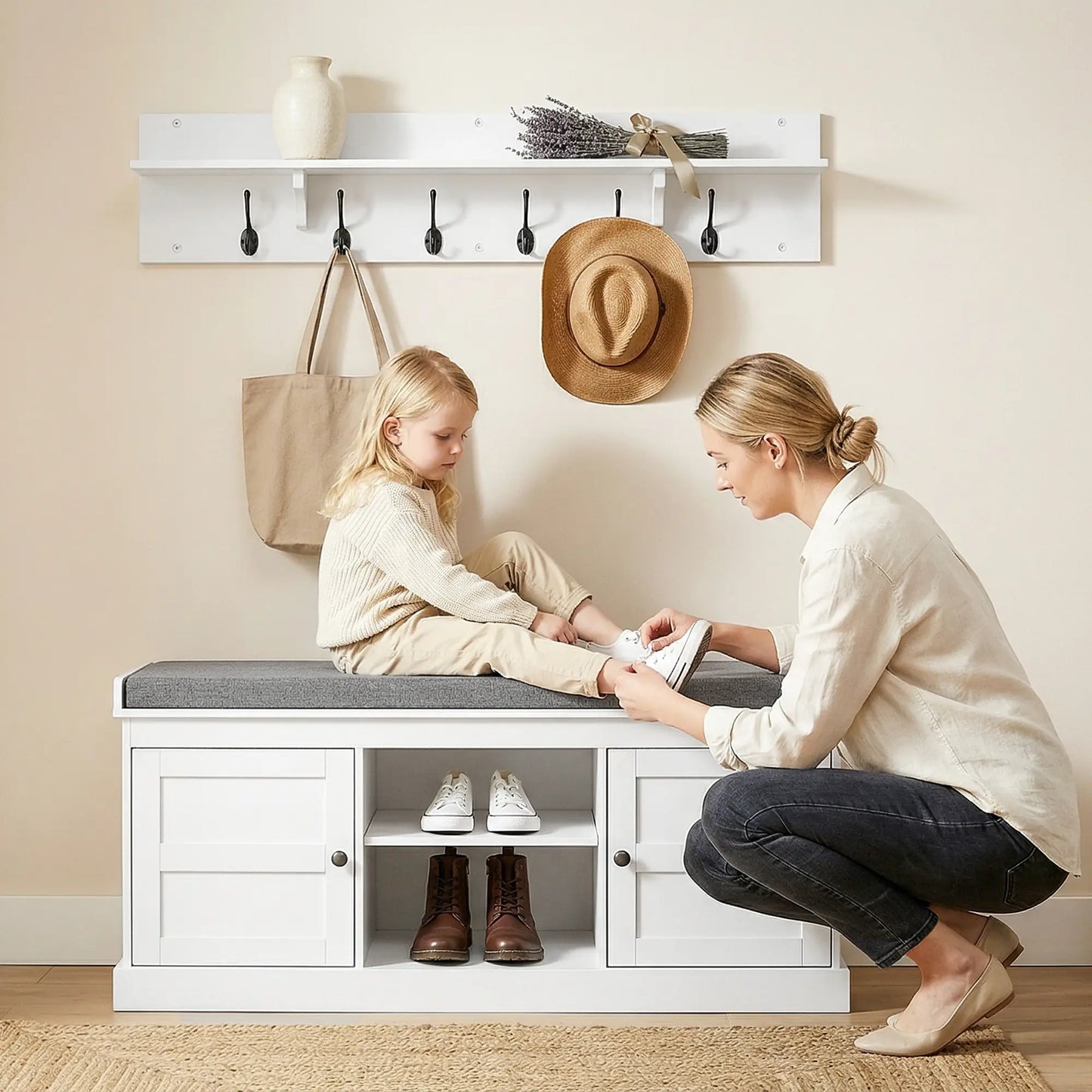 2-in-1 Coat Rack Shoe Bench With 6 Hooks, White Grey Shoe Storage Cabinets & Racks at Gallery Canada