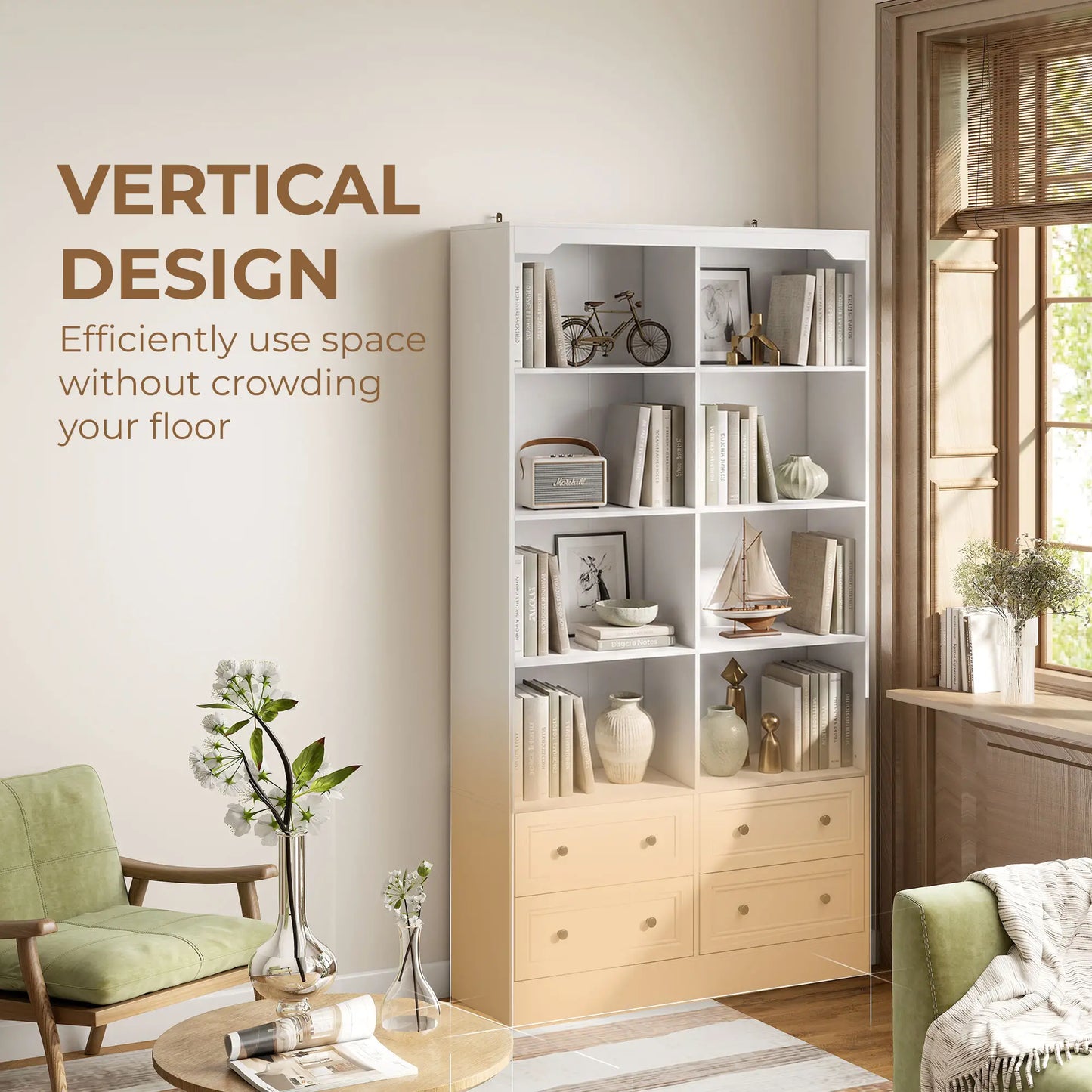 5-Tier Bookcase with 8 Cubbies, 4 Drawers, White Display Bookshelves at Gallery Canada