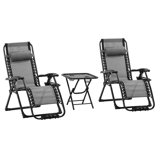 3 Pieces Foldable Patio Lounge Chair, Zero Gravity Chair Set of 2 with Side Table and Cup Holder, Reclining Chairs with Foot Massager Function, Headrest, Grey and Black - Gallery Canada