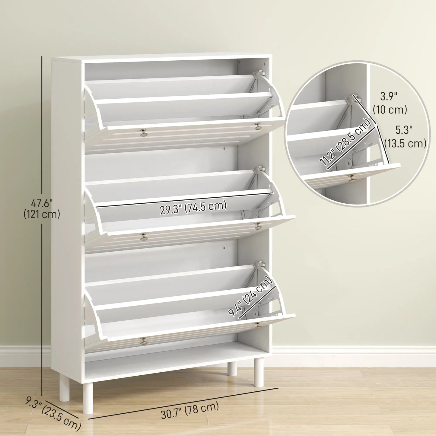 Narrow Shoe Storage Cabinet, 3 Flip Drawers, Adjustable Shelves, 24 Pairs, White Shoe Storage Cabinets & Racks at Gallery Canada