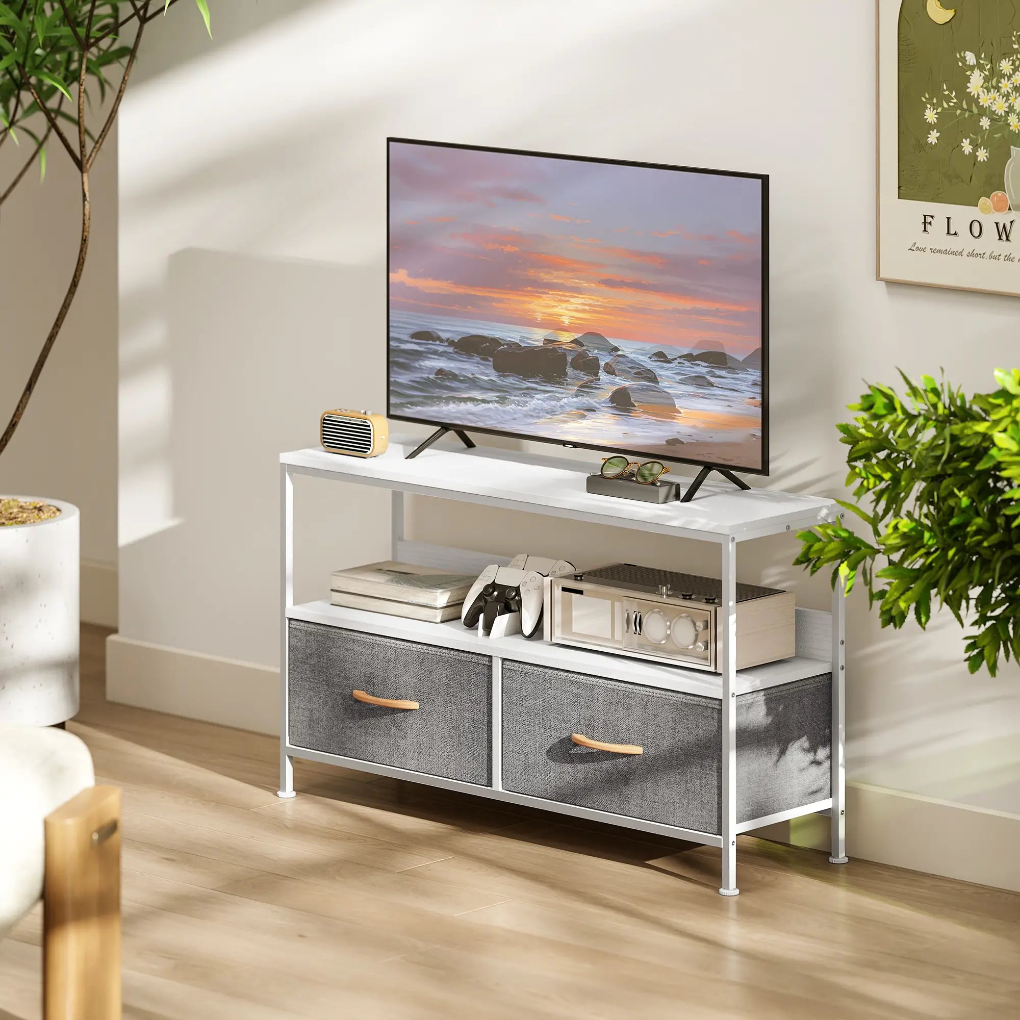 TV Stand with Charging Station, 2 Foldable Drawers, Open Shelf, 47 Inch, White TV Stands at Gallery Canada