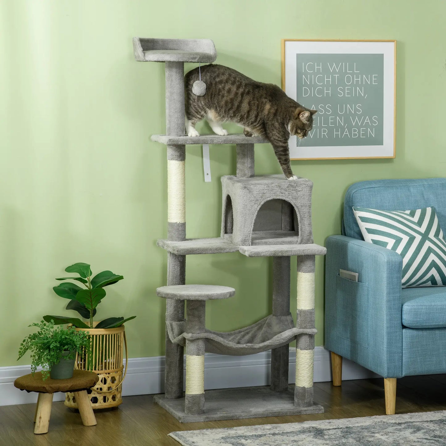 56" Tall Cat Tree, Multi-Level Tower with Hammock, Bed, Condo, Sisal Scratching Posts, Grey Cat Towers at Gallery Canada