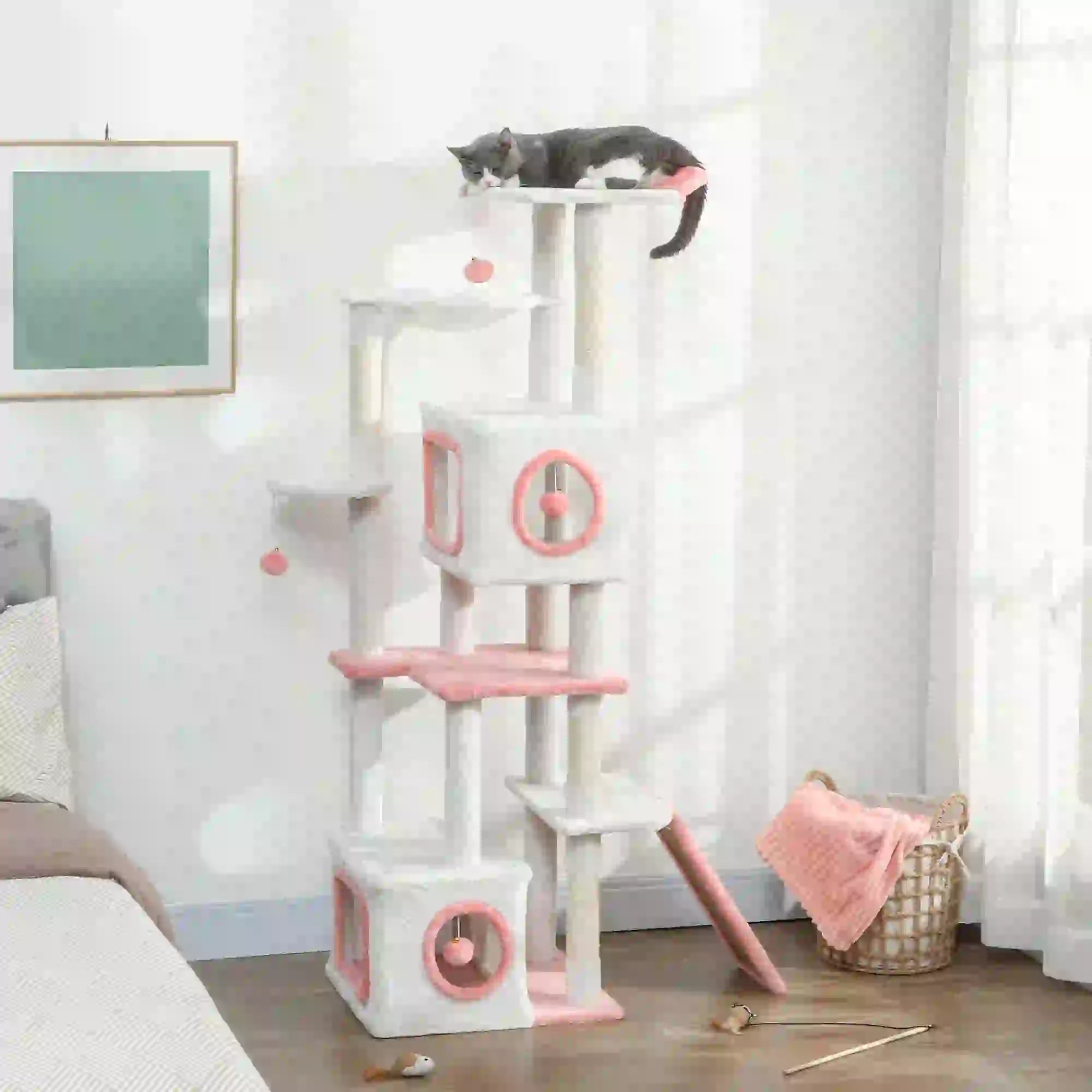 65 Inch Cat Tree, 2 Condos, Perch, Hammock, Scratching Posts, White Cat Towers at Gallery Canada