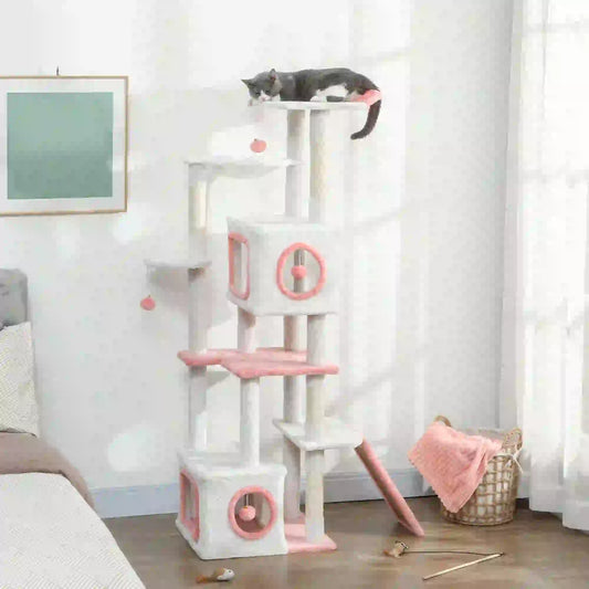 65 Inch Cat Tree, 2 Condos, Perch, Hammock, Scratching Posts, White Cat Towers White, Pink at Gallery Canada