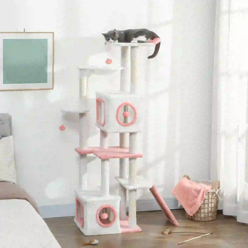 65 Inch Cat Tree, 2 Condos, Perch, Hammock, Scratching Posts, White