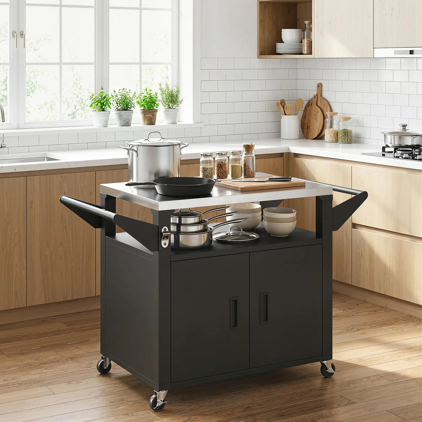 Outdoor Grill Cart, Stainless Steel Tabletop, 3-Shelf Pizza Oven Stand, Storage Cabinet, Wheels, Black Outdoor Grill Carts at Gallery Canada