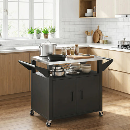Outdoor Grill Cart, Stainless Steel Tabletop, 3-Shelf Pizza Oven Stand, Storage Cabinet, Wheels, Black Outdoor Grill Carts at Gallery Canada