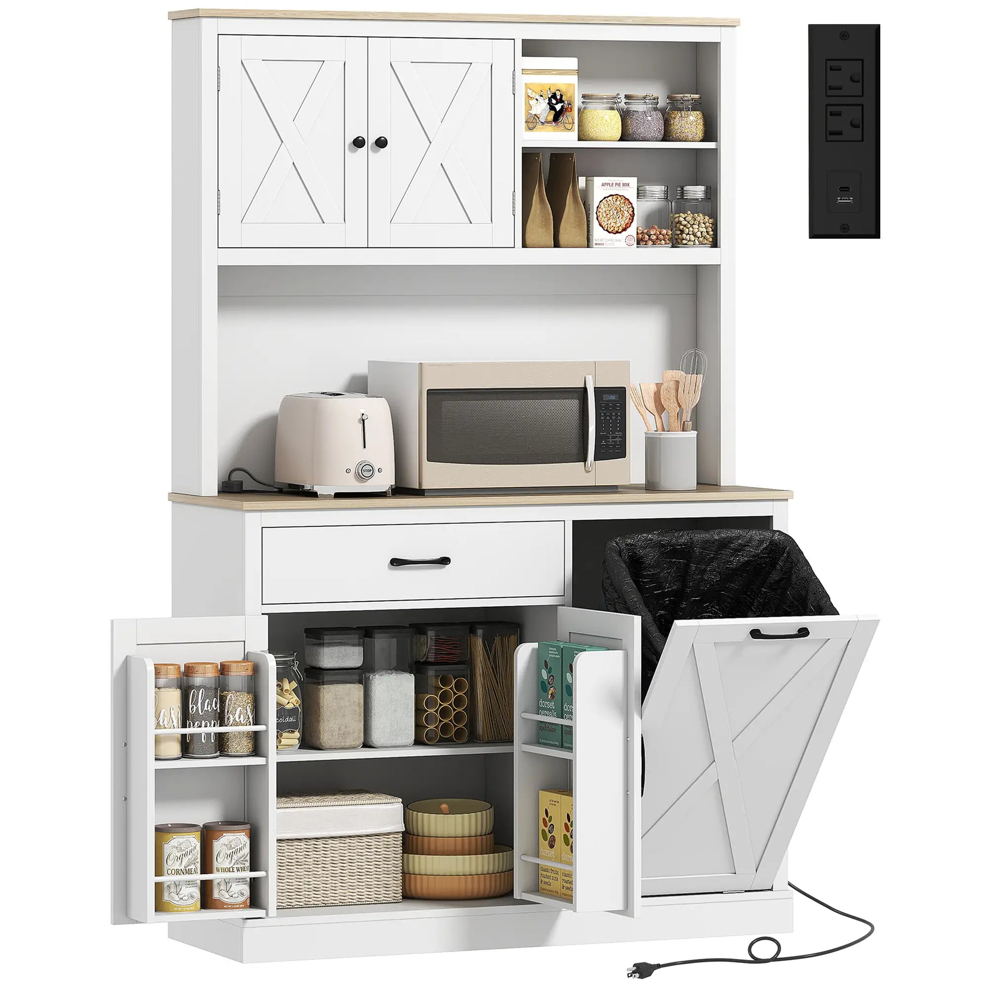 69 Inch Pantry Cabinet with Charging Station, Microwave Stand, Tilt Out Trash Can, White Kitchen Pantry Cabinets at Gallery Canada