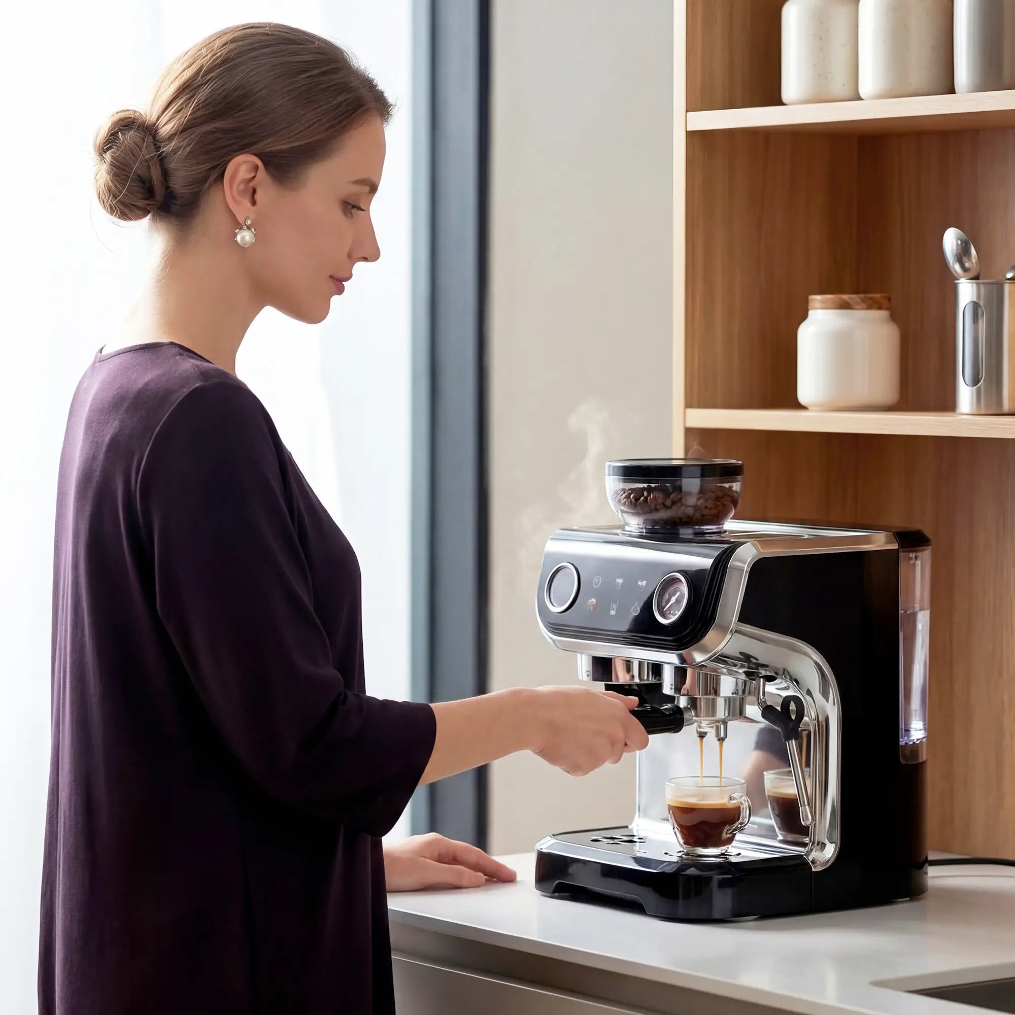 15 Bar Espresso Machine With Grinder & Milk Frother, Stainless Steel, Black Small Kitchen Appliances at Gallery Canada