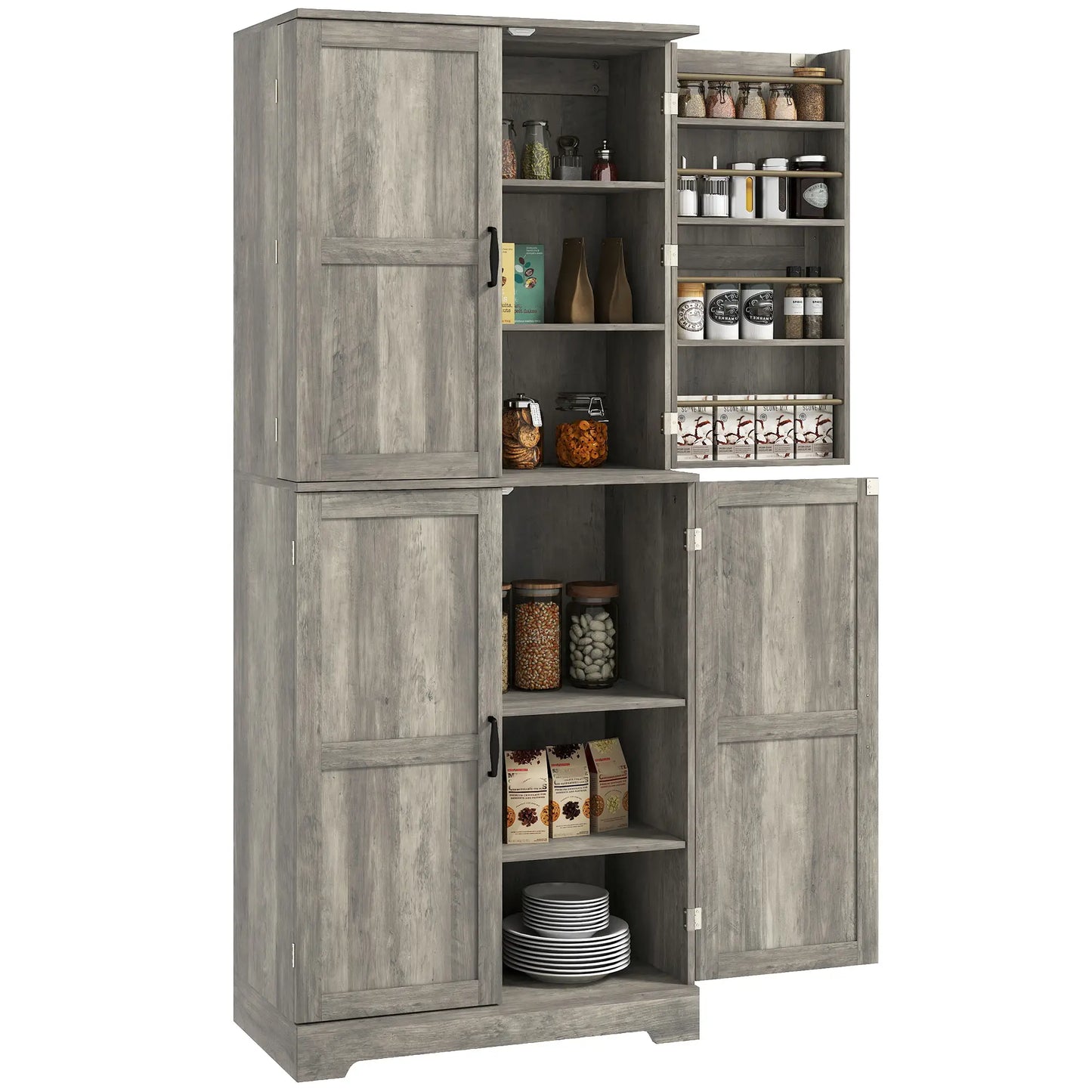 Farmhouse Kitchen Pantry Cabinet, Barn Doors, Adjustable Shelves, Distressed, Grey Storage Cabinets at Gallery Canada