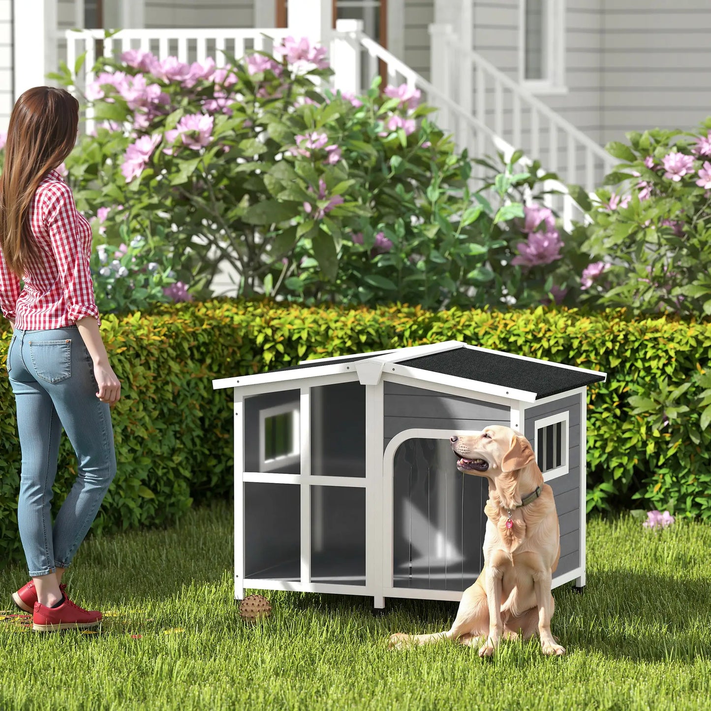 Wooden Dog House, Raised Kennel, Removable Bottom, Asphalt Roof, Dark Grey Houses, Kennels & Pens at Gallery Canada