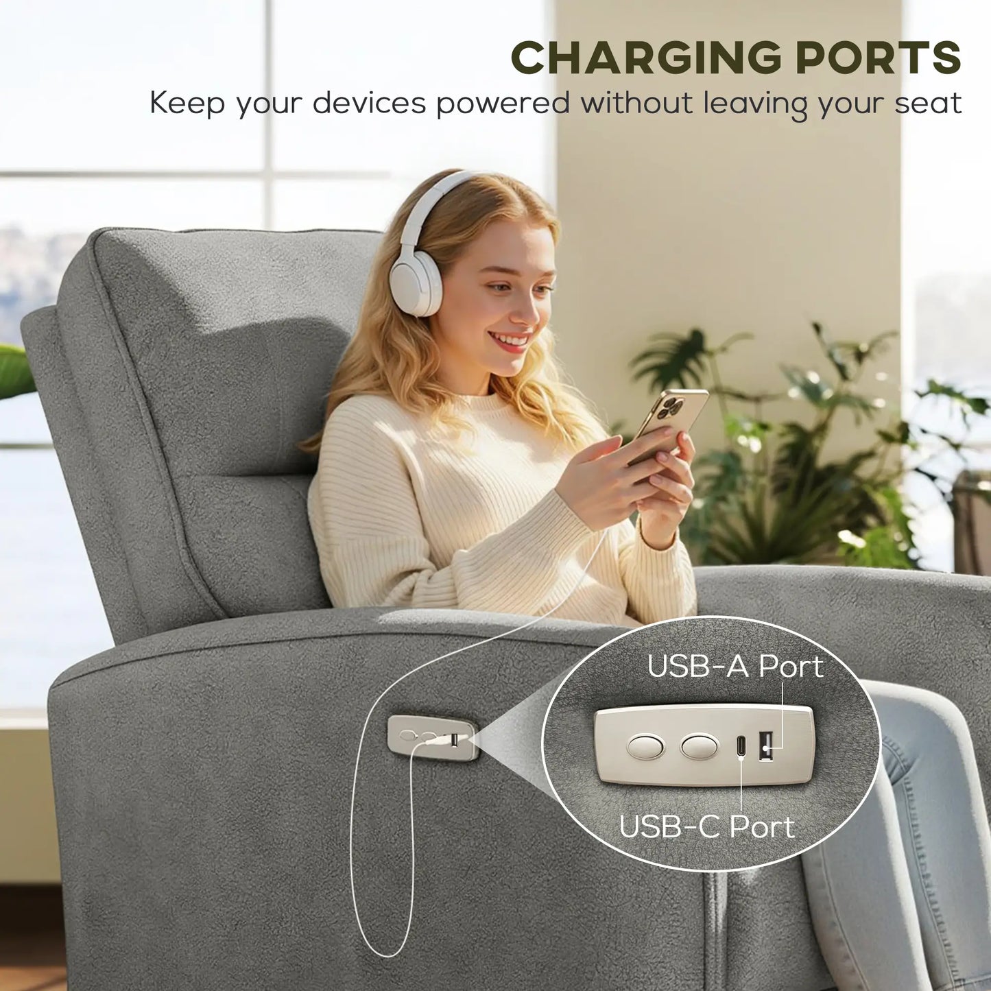 Fabric Recliner Chair, USB Ports, Footrest, Grey Sofas & Reclining Chairs at Gallery Canada