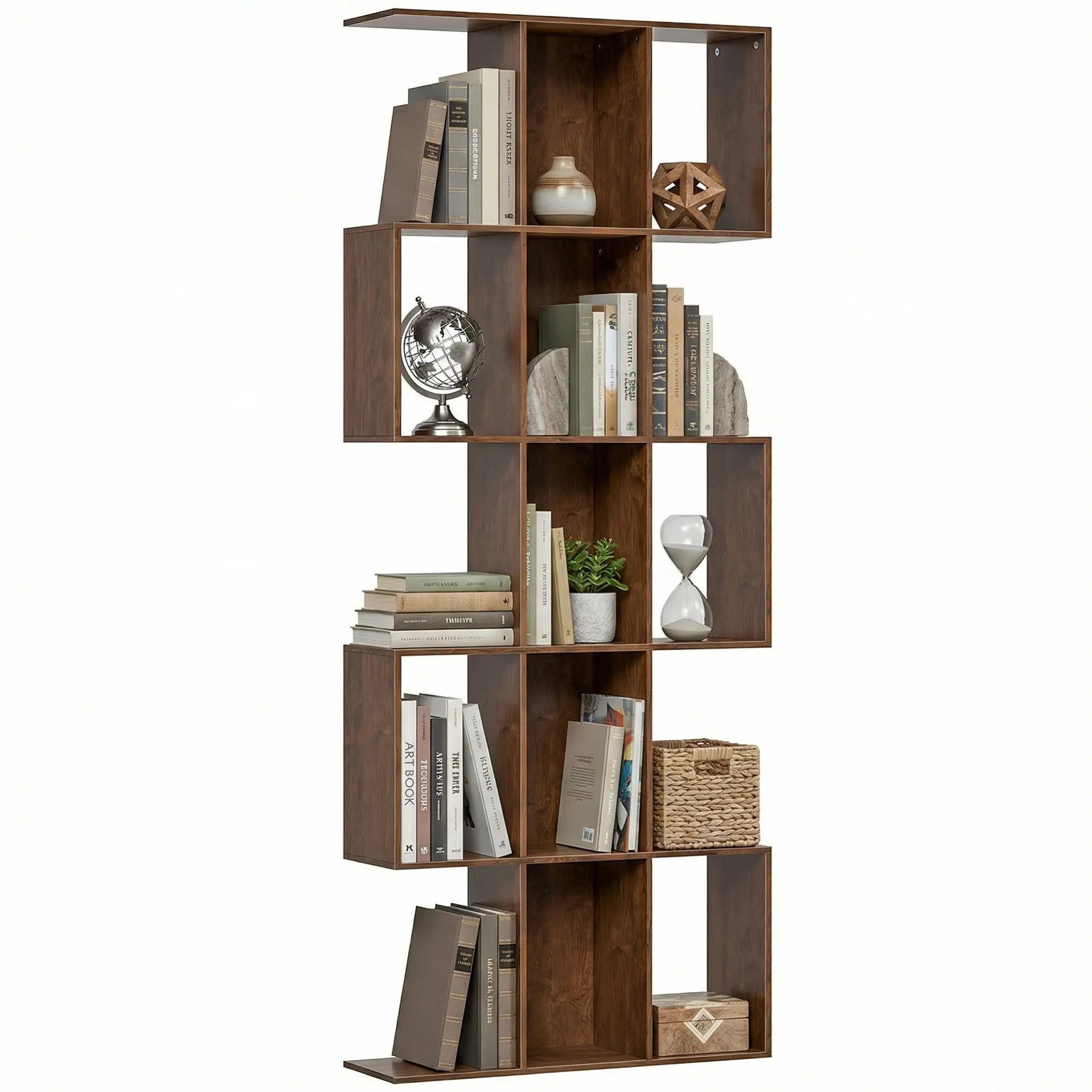 5-Tier S Shaped Geometric Bookshelf, 15 Compartments, Black Wood Grain, Black Display Bookshelves at Gallery Canada
