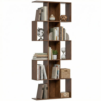 5-Tier S Shaped Geometric Bookshelf, 15 Compartments, Black Wood Grain, Black Display Bookshelves at Gallery Canada