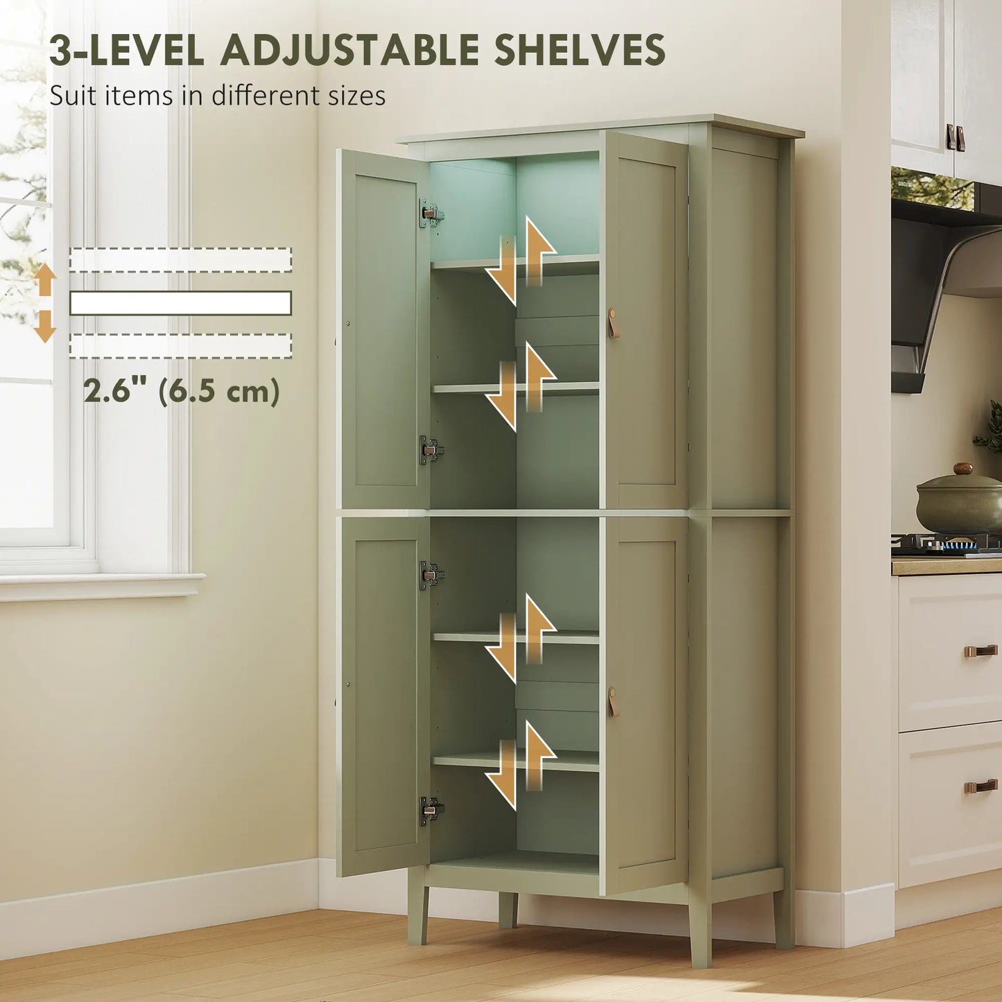 69.5" Tall Kitchen Pantry Cabinet, Motion Sensor LED Light, Green Kitchen Pantry Cabinets at Gallery Canada