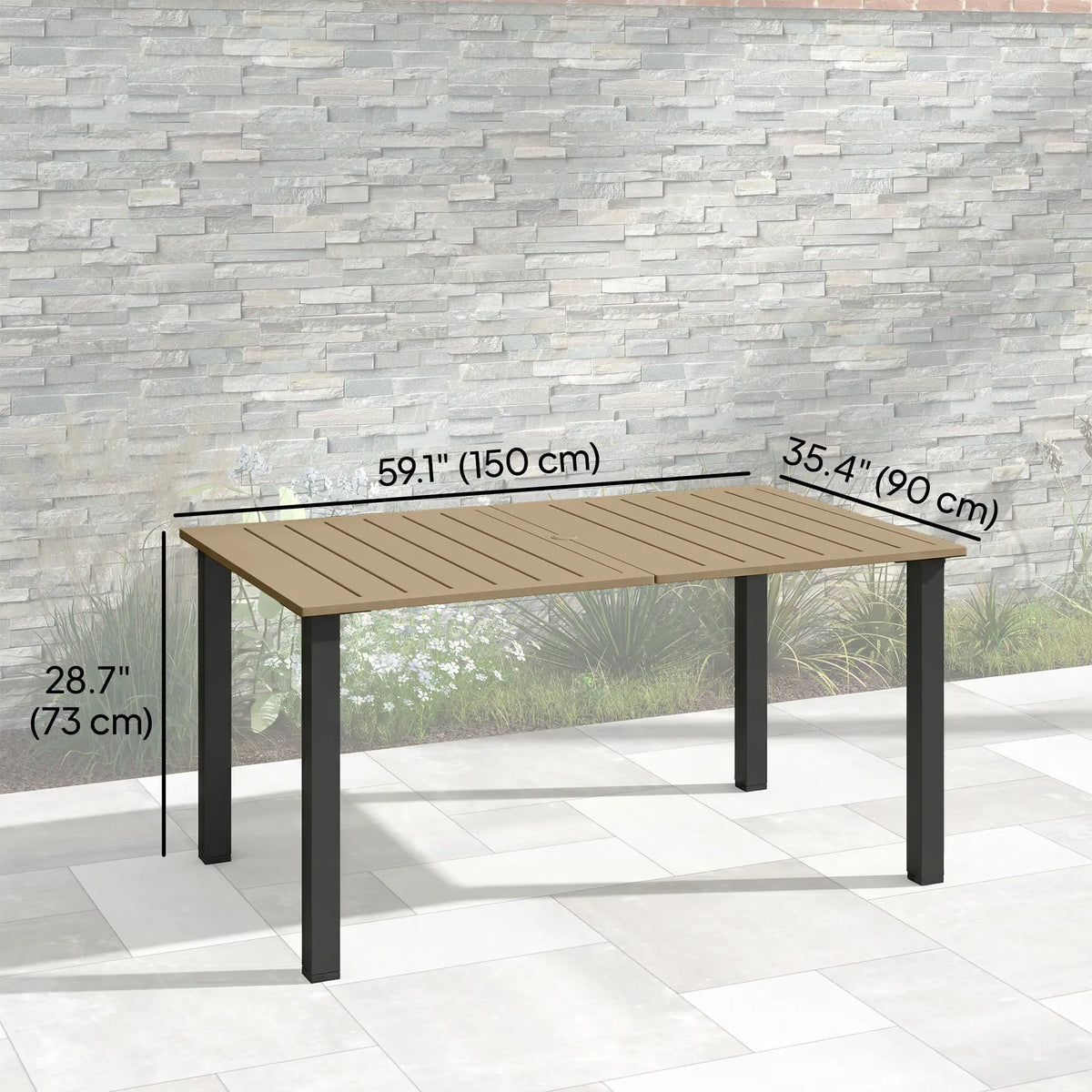 59" Outdoor Patio Table with Umbrella Hole, Slatted Tabletop, Brown Patio Dinning Tables at Gallery Canada
