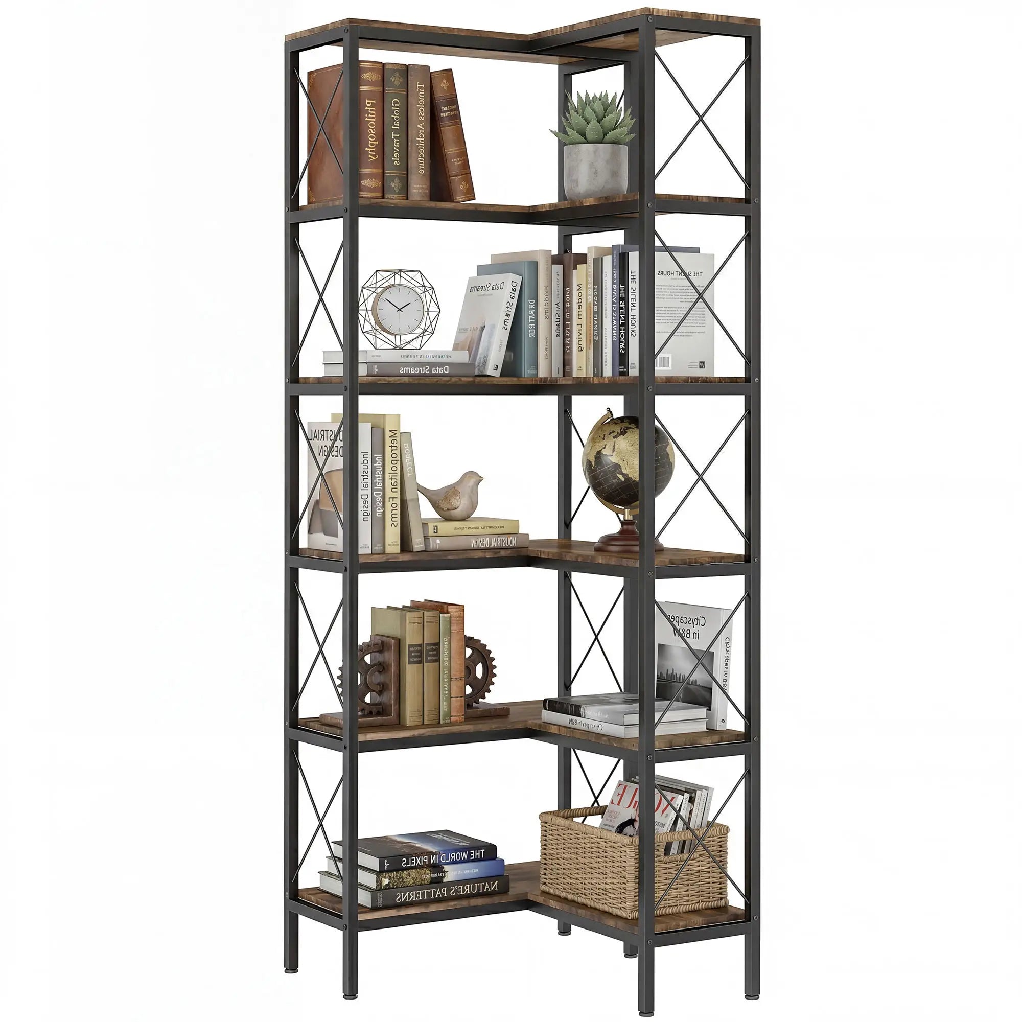 6-Tier L-Shaped Bookshelf, Freestanding Corner Bookcase with Metal Frame, Rustic Brown Display Bookshelves Rustic Brown, Black at Gallery Canada